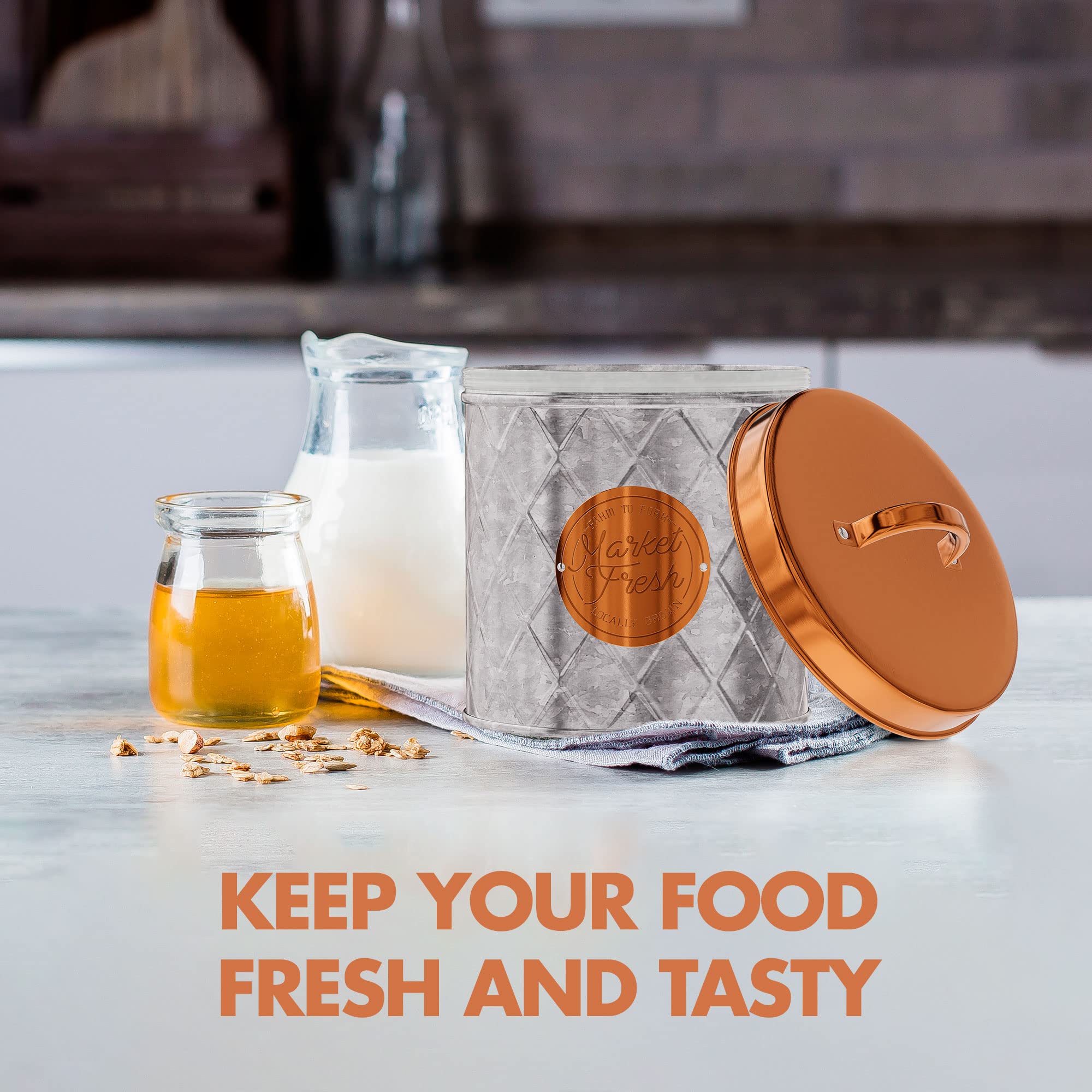 Amici Home Bristol Galvanized Metal Canister | Dry Food Storage Container | Airtight Lid | 84 Ounce Capacity | Farmhouse D  Cor