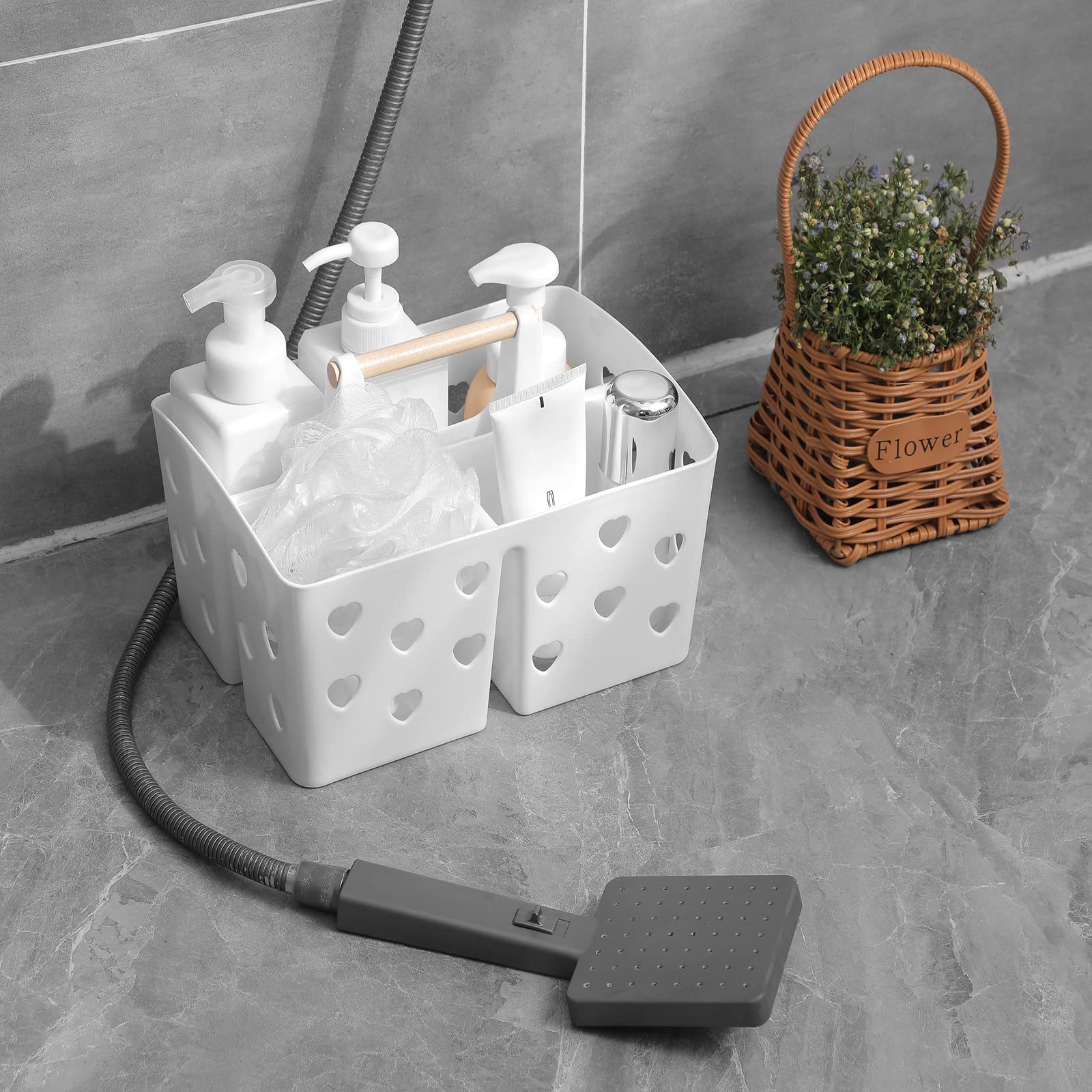 Anyoifax Portable Shower Caddy Plastic Basket With Wood Handle Divided Shower Tote Storage Organizer With Compartments For Bathr