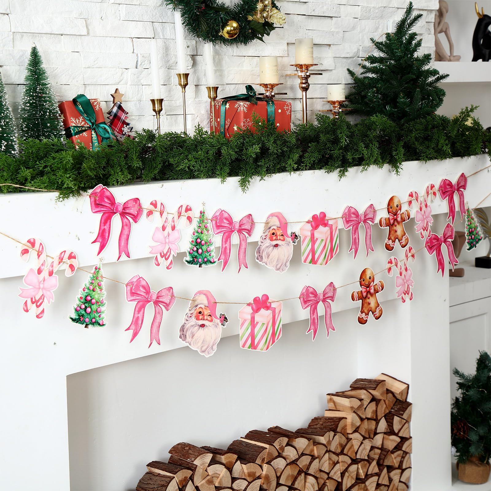 Oudain 2 Pack Pink Christmas Paper Garland 6.56 ft Christmas Tree Santa Gingerbread Man Candy Cane Pink Bow Hanging Bunting Bann