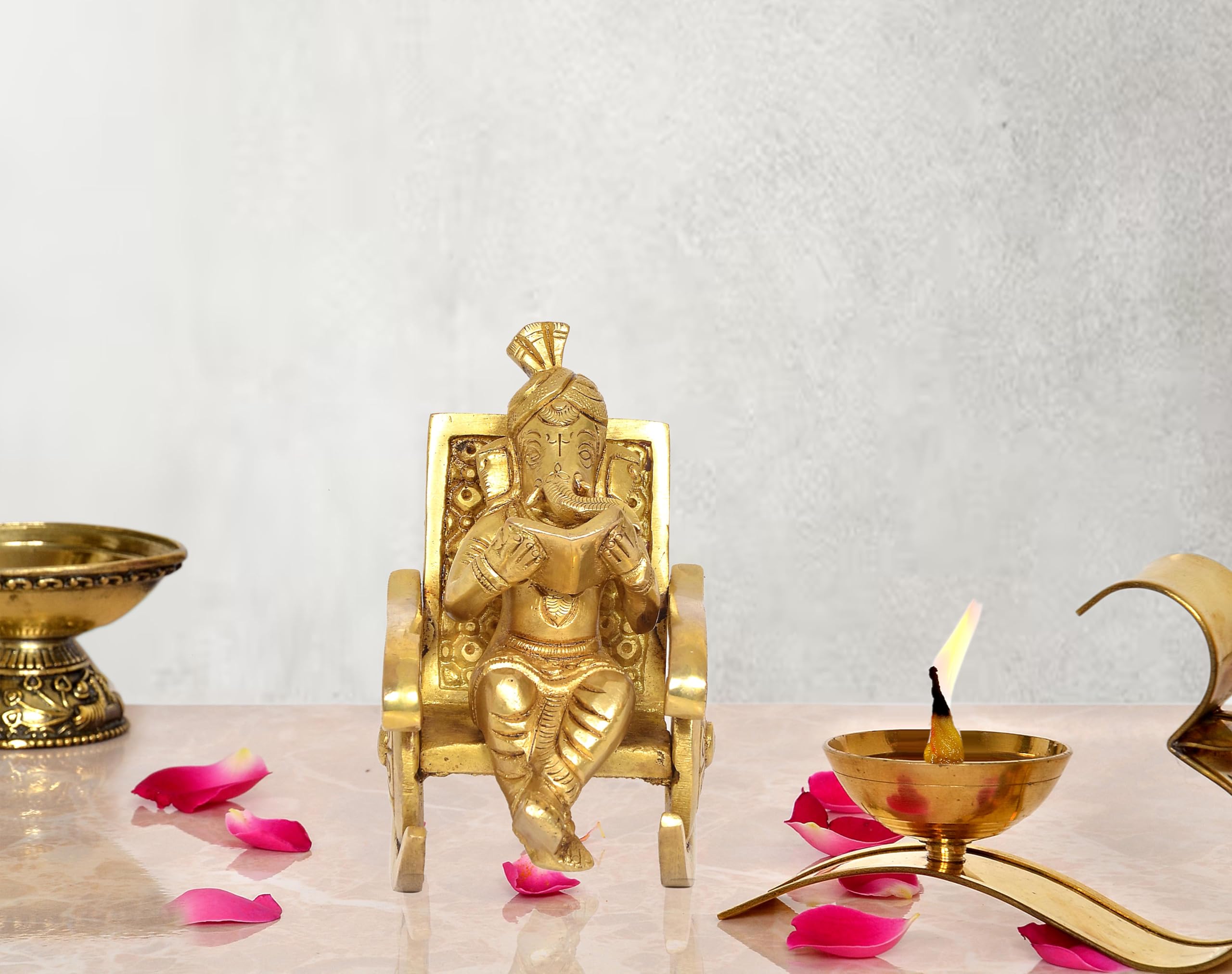 Dattatreya Brass Ganesha Statue Book Reading Turbaned Ganesh Sitting On Chair Sculpture Golden (Height 5 Inch)