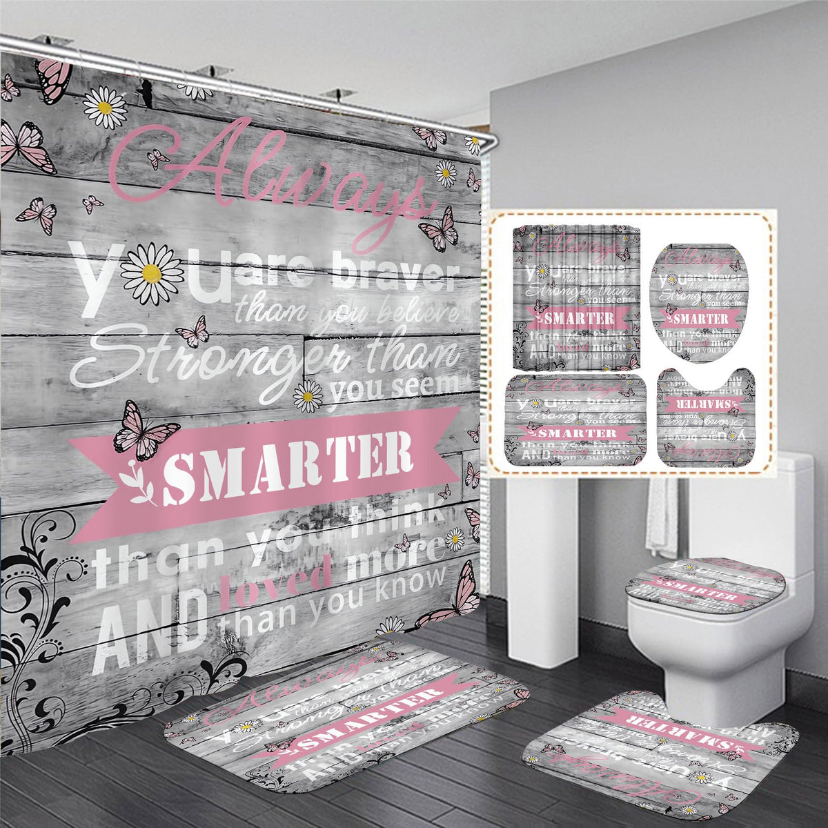 Azhm 4Pcs Inspirational Quotes Shower Curtain Sets With Rugs Floral Bathroom Decor Set With Shower Curtain And Rugs And Accessor