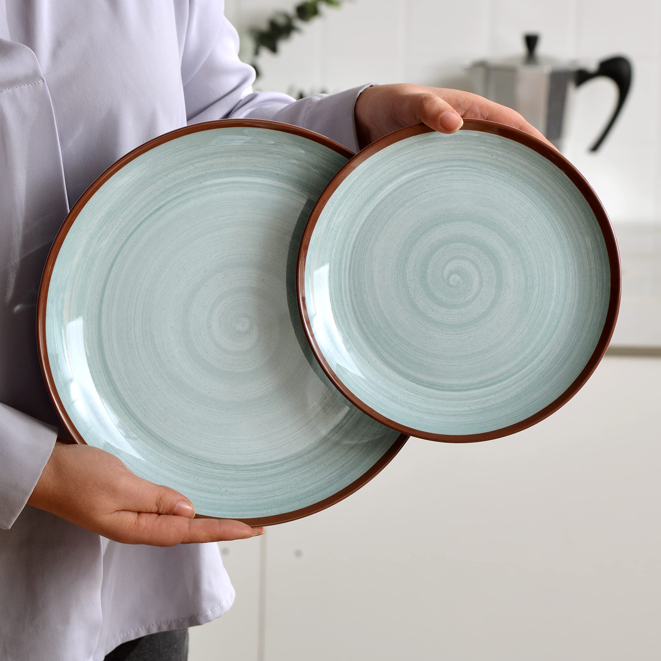 Melamine Dinnerware Set for 4, 12Pcs Dinnerware Sets, Mint Blue Plates And Bowls Sets Morden Dish Set Dishwasher Safe BPA Free(G