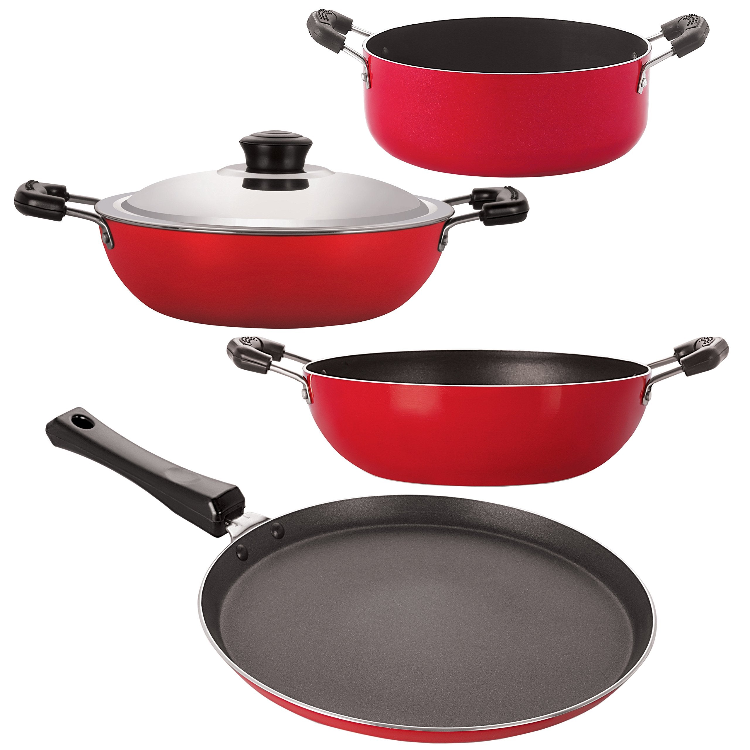 Nirlon NonStick Aluminum Cookware Set, 4Piece, Red And Black (26_Dkdm_Kd12_Ft10_Cass20)