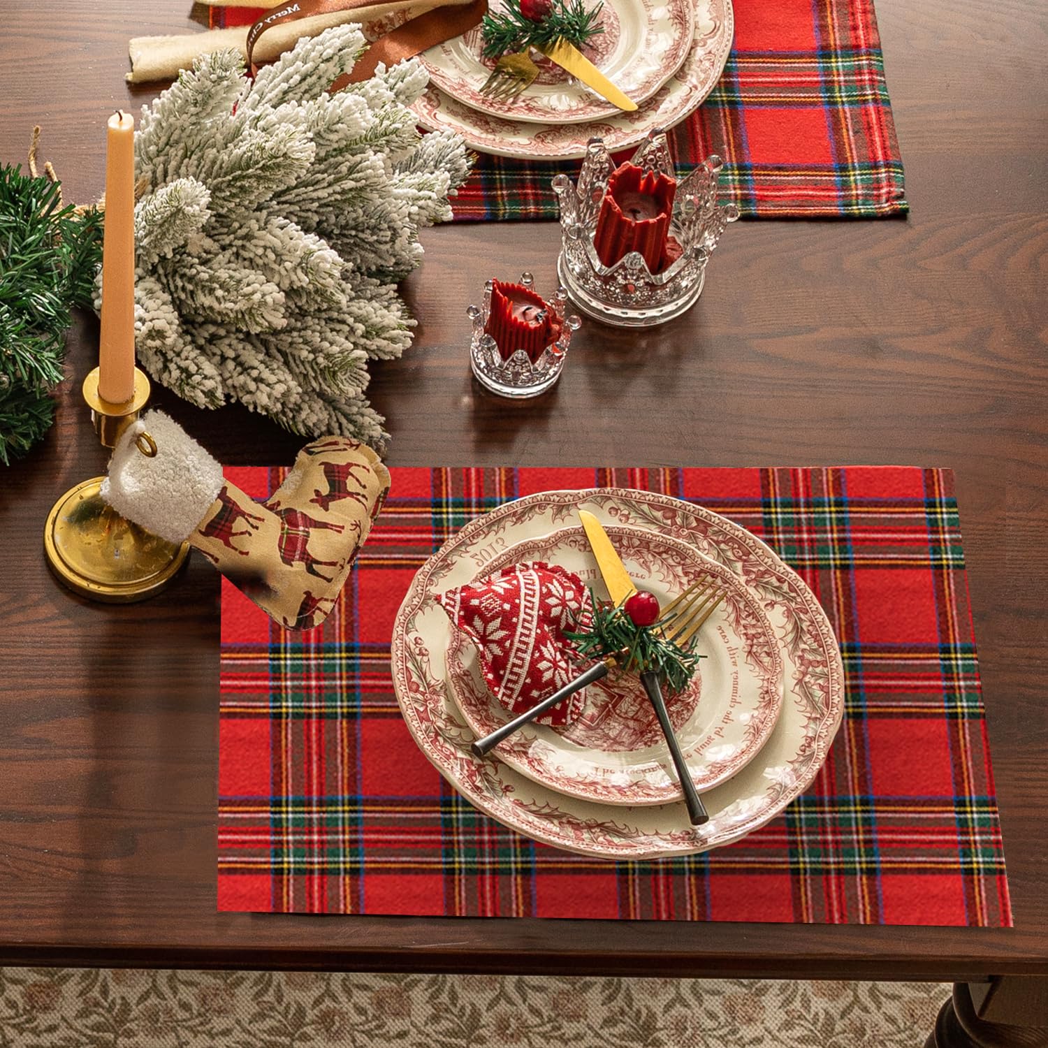 Softalker Christmas Checkered Tartan Placemats Set Of 4-12 X 18 Inch - Red Buffalo Plaid Xmas Place Mats, Heat Resistant Washabl