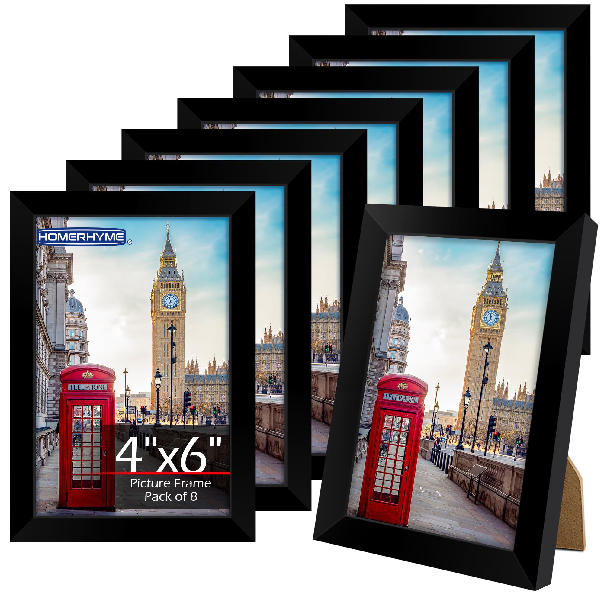 HOMERHYME 4x6 Picture Frame Set 8 Pack, 4 by 6 Black Photo Frame for Wall or Tabletop Display, Lightweight Poster Frame with Ple