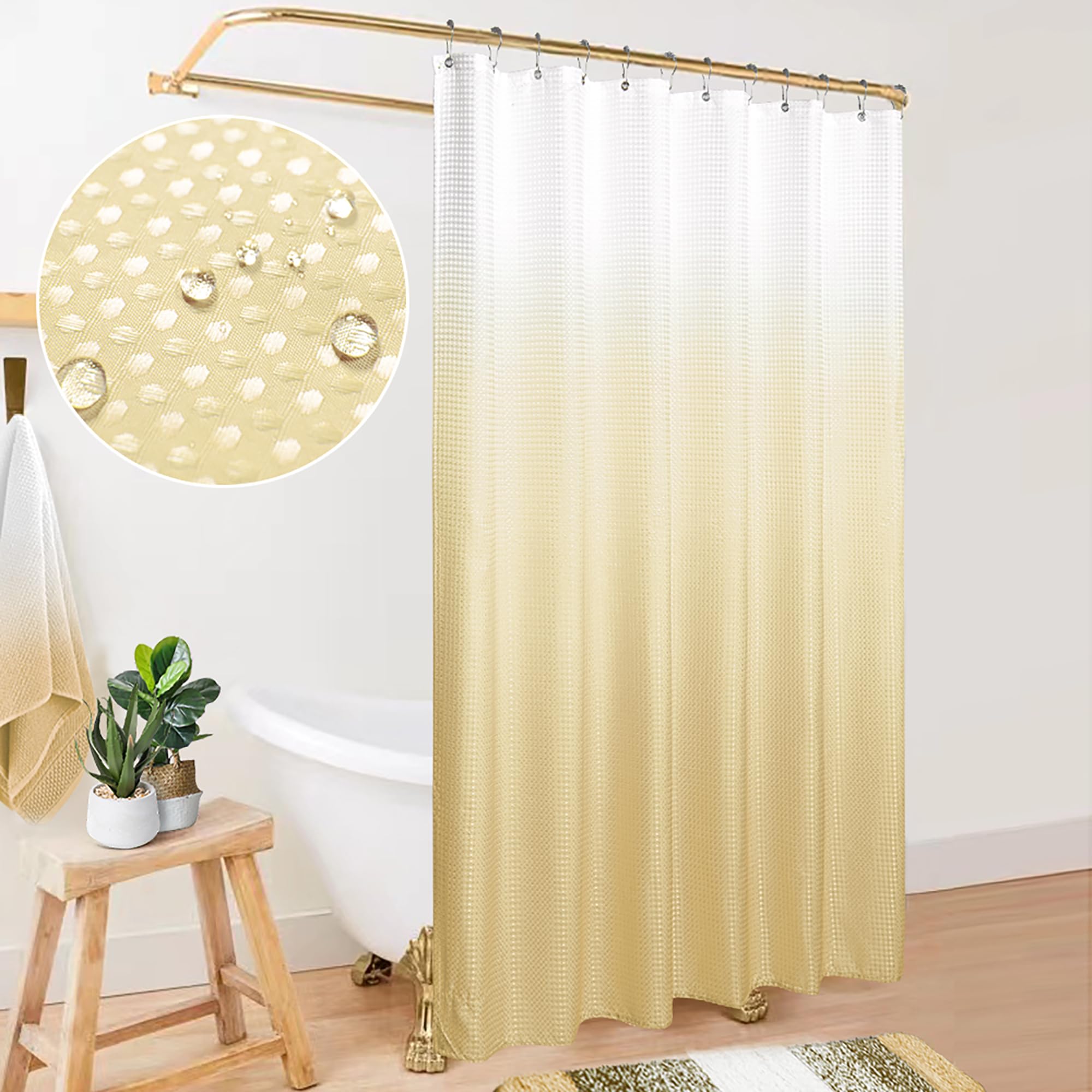 Mrs.Naturall Shower Curtain Gold Accents Bathroom Sets With Hooks Glam Luxury Waffle Fabric Waterproof Autumn Fall Shower Curtai