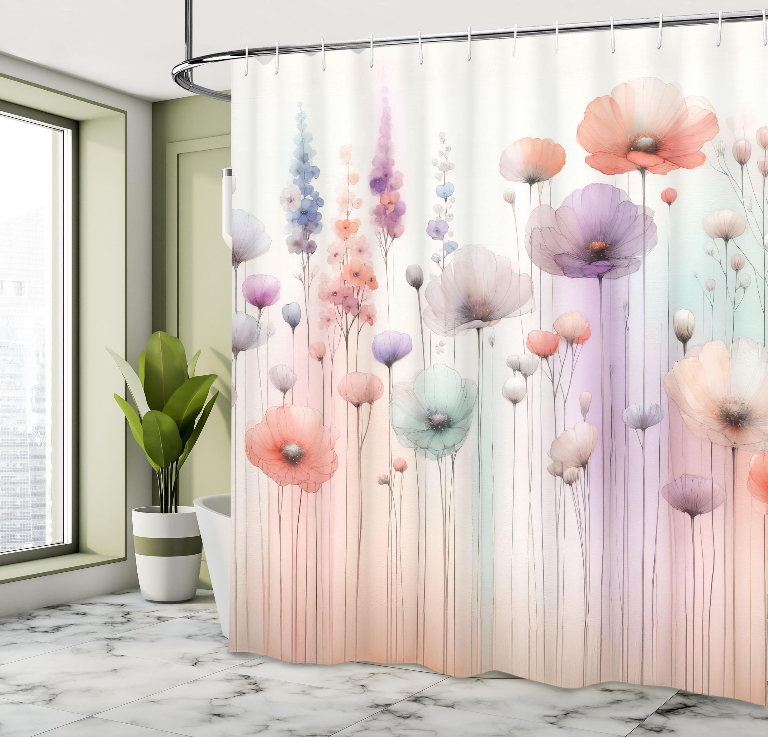 Ambesonne Floral Shower Curtain, Dreamy Silhouettes Of Fantasy Woods Gentle Poppy Flowers And Lavenders, Cloth Fabric Bathroom D
