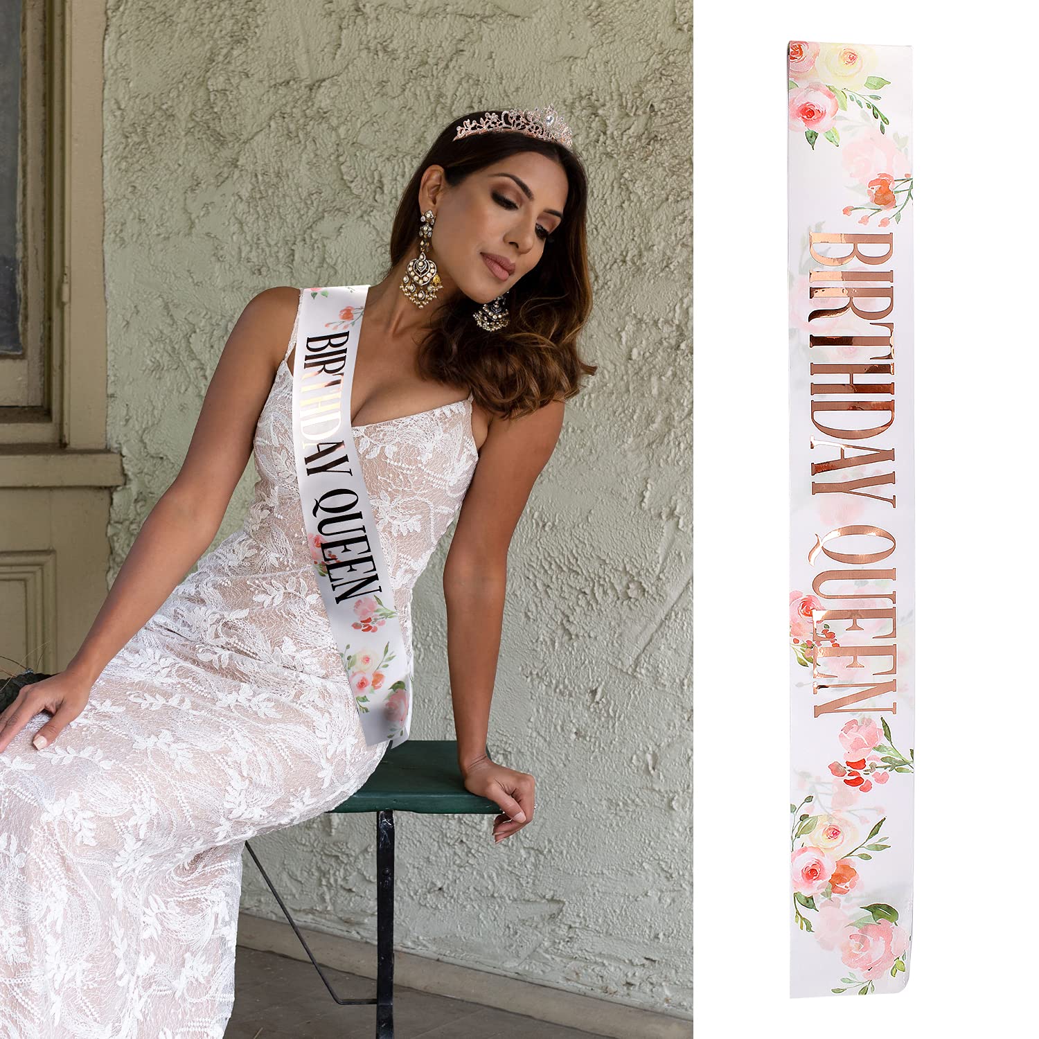 Rose Gold Birthday Tiara Crown For Women, Happy Birthday Flower Crown Sash, Birthday Decorations Party Favors Supplies Birthday