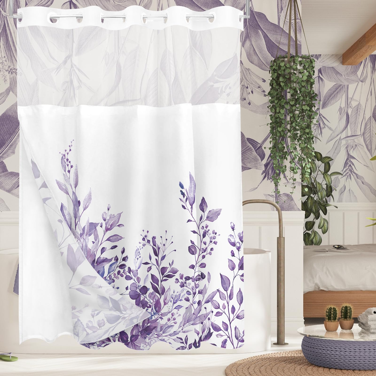 Tititex No Hooks Snap In Liner Purple Eucalyptus Leaves Shower Curtain Sets, Hotel Luxury Double Layers Waterproof Fabric & See-