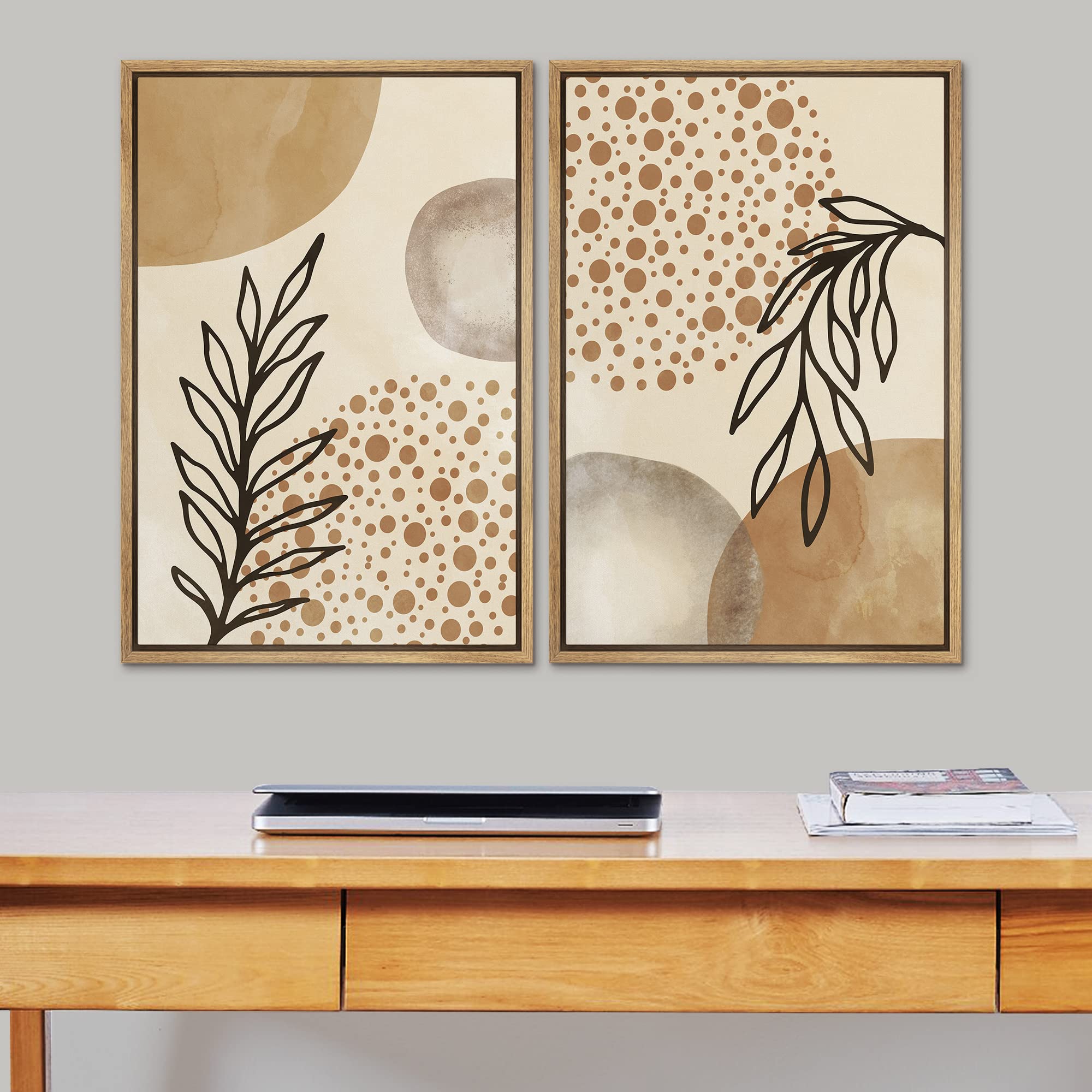 Signford Framed Canvas Print Wall Art Set Mid-Century Forest Plant Leaf Gold Circles Abstract Shapes Illustrations Modern Art De