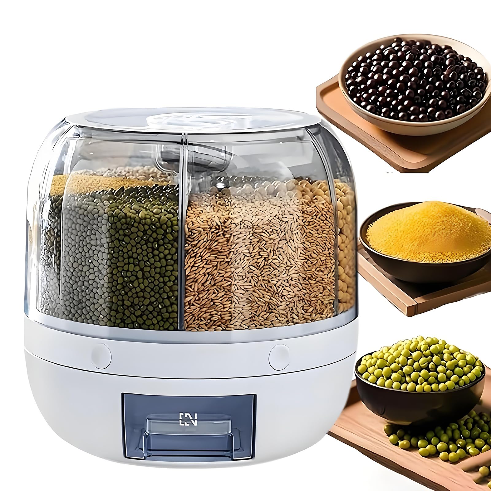 Wnnideo Rotating Grain Storage Bin 6 Grids Rice Container OneClick Output Large Capacity Food Dispenser For Rice Grains Sealed 