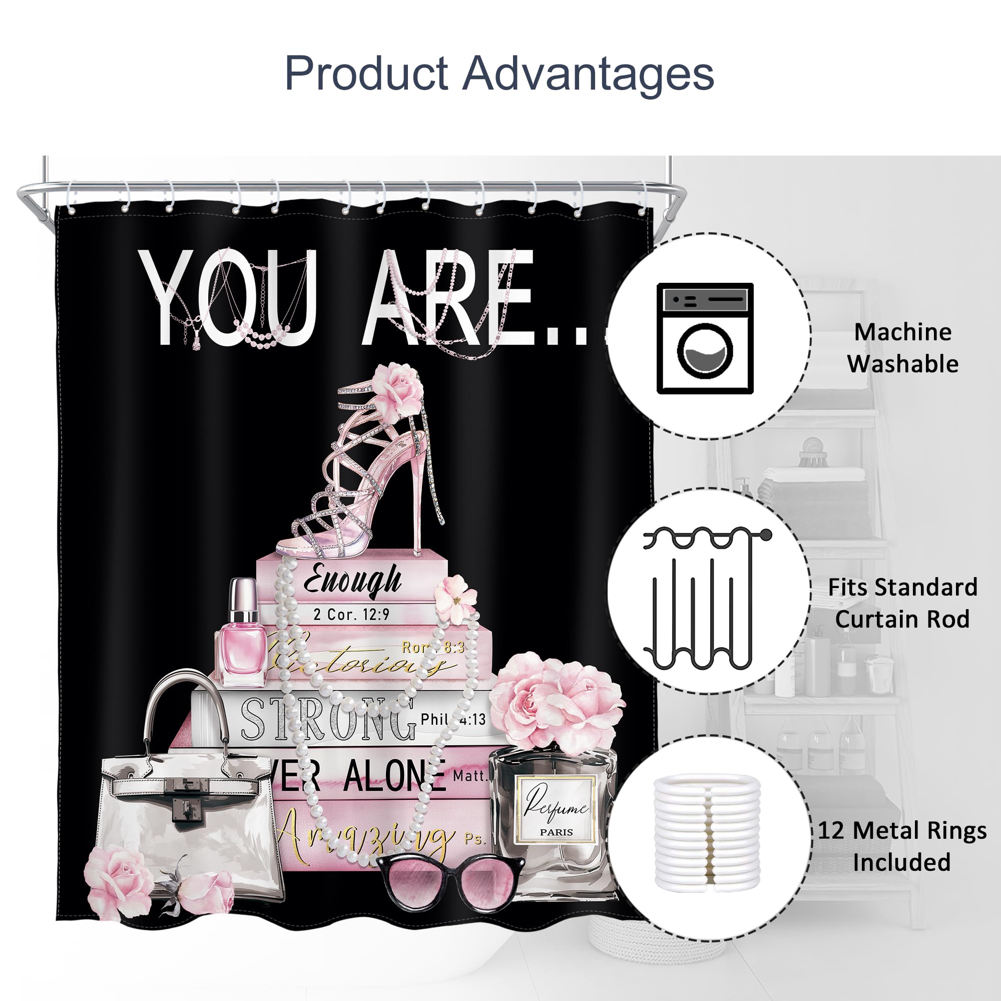 Ambzek Black Fashion Shower Curtain 60Wx72L Inch Pink Women Girls Modern Perfume Flower High Heel Magazine Book You Are Artwork