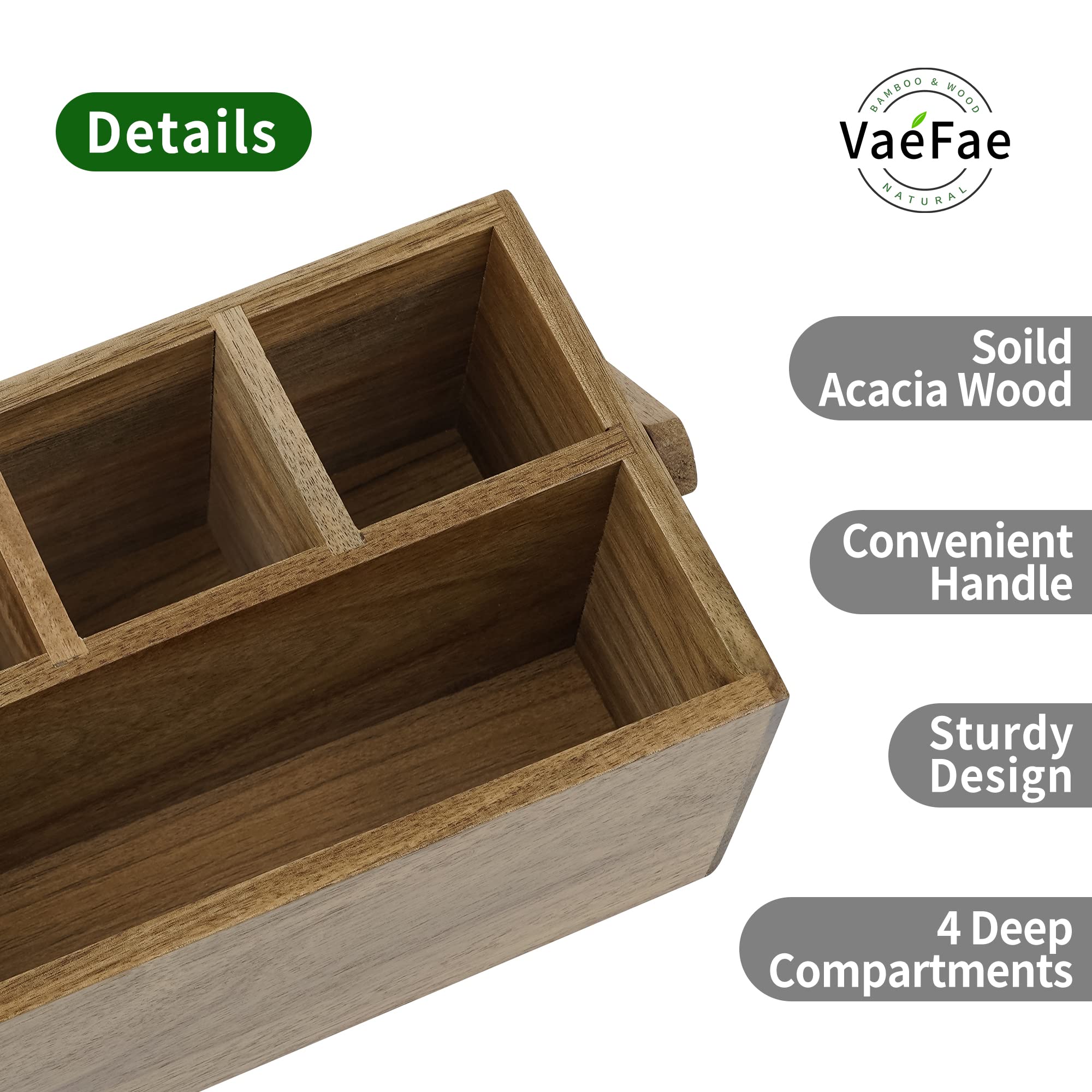 Vaefae Acacia Silverware Caddy With Handle, Wooden Utensil Holder, Mulip-Pose Organizer For Kitchen, Office, Bathroom, Bedroom