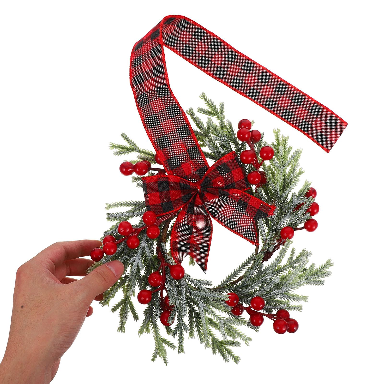 2 Pcs Christmas Small Wreaths for Kitchen Cabinets -10 Red Berry & Plaid Ribbon Bows Mini Christmas Window Wreaths Home Party Xm