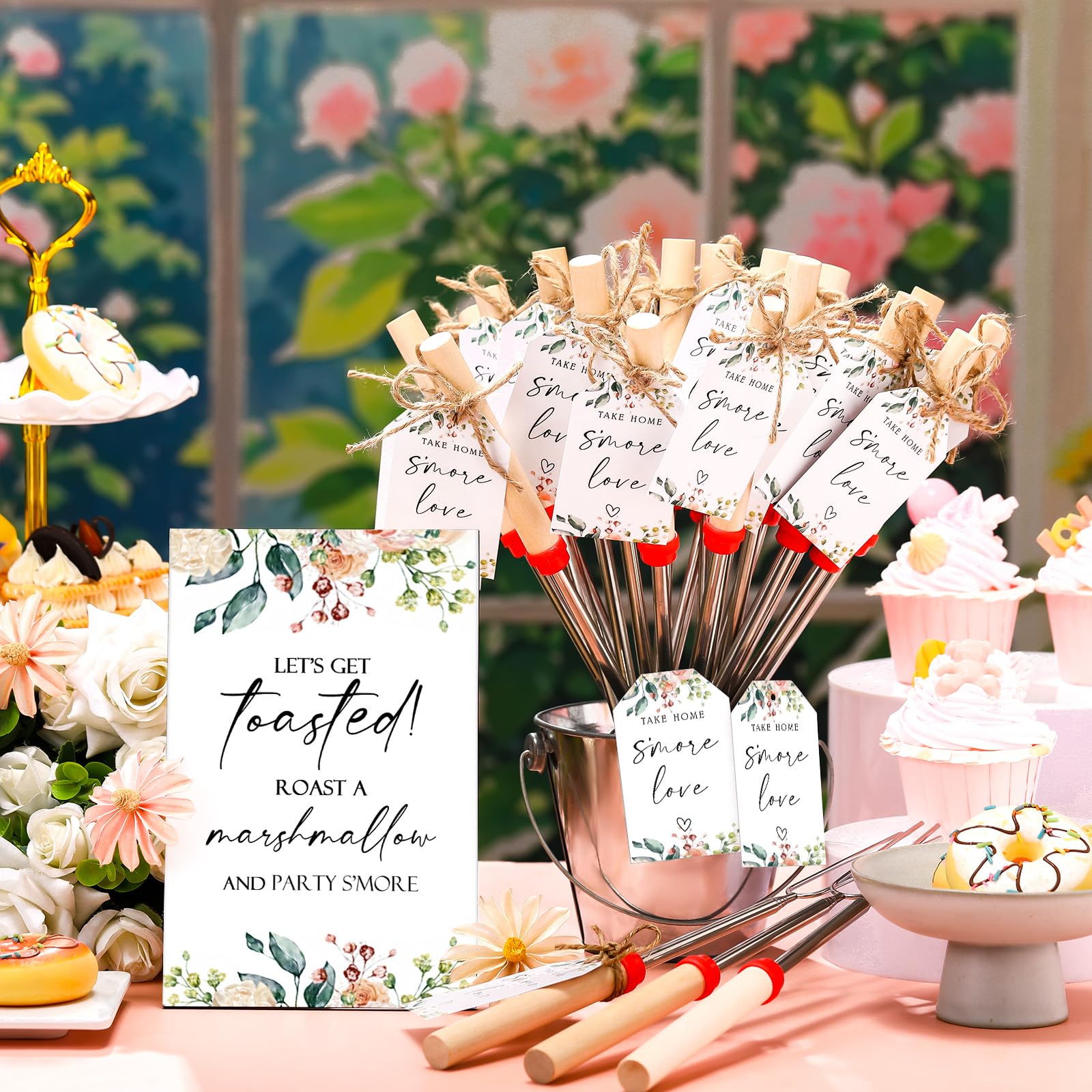 Tioncy 24 Sets S mores Party Favors for Guests Pink Floral Wedding Favors Include S mores Sticks Fire Pit Barbecue Skewers Table