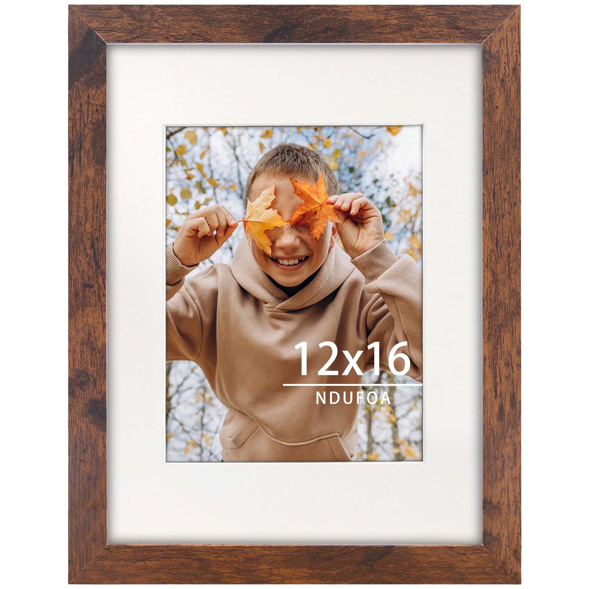 NDUFOA 12x16 Picture Frame, Display Photos 8.5x11 with Mat or 12x16 without Mat, Poster Frame for Wall and Tabletop, Brown