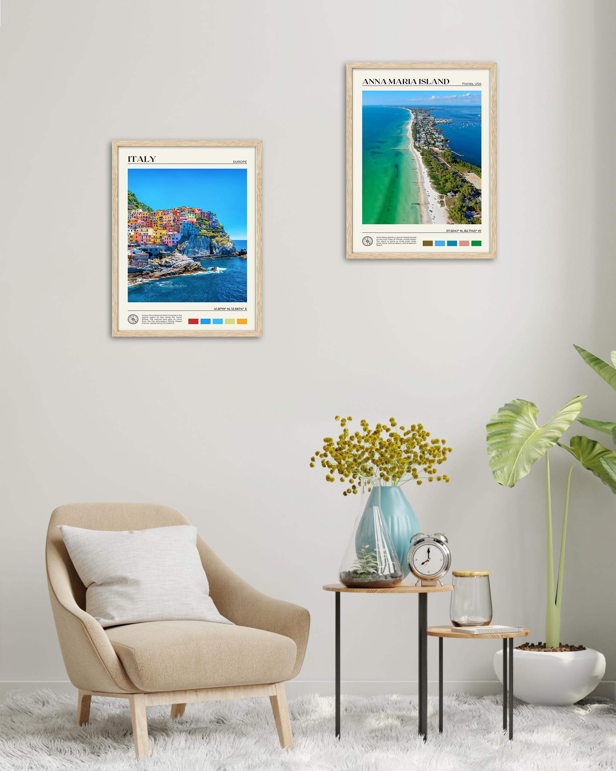 Hesendot Natural Oak Wood Framed Cinque Terre National Park Wall Art,12X16In Italian Natural Seascape Canvas Wall Print,Classic