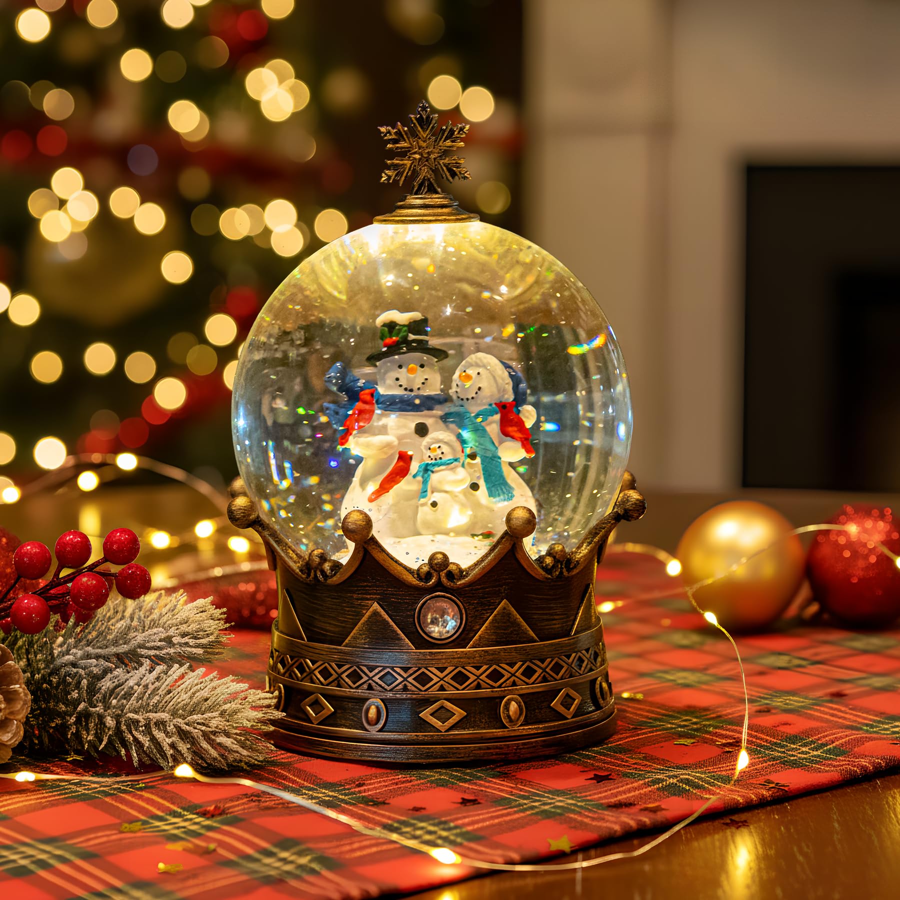 Christmas Snow Globe Lantern Water Glittering Snowman Family Crown with Music, USB Lined/Battery Operated Lighted Lantern for Ch