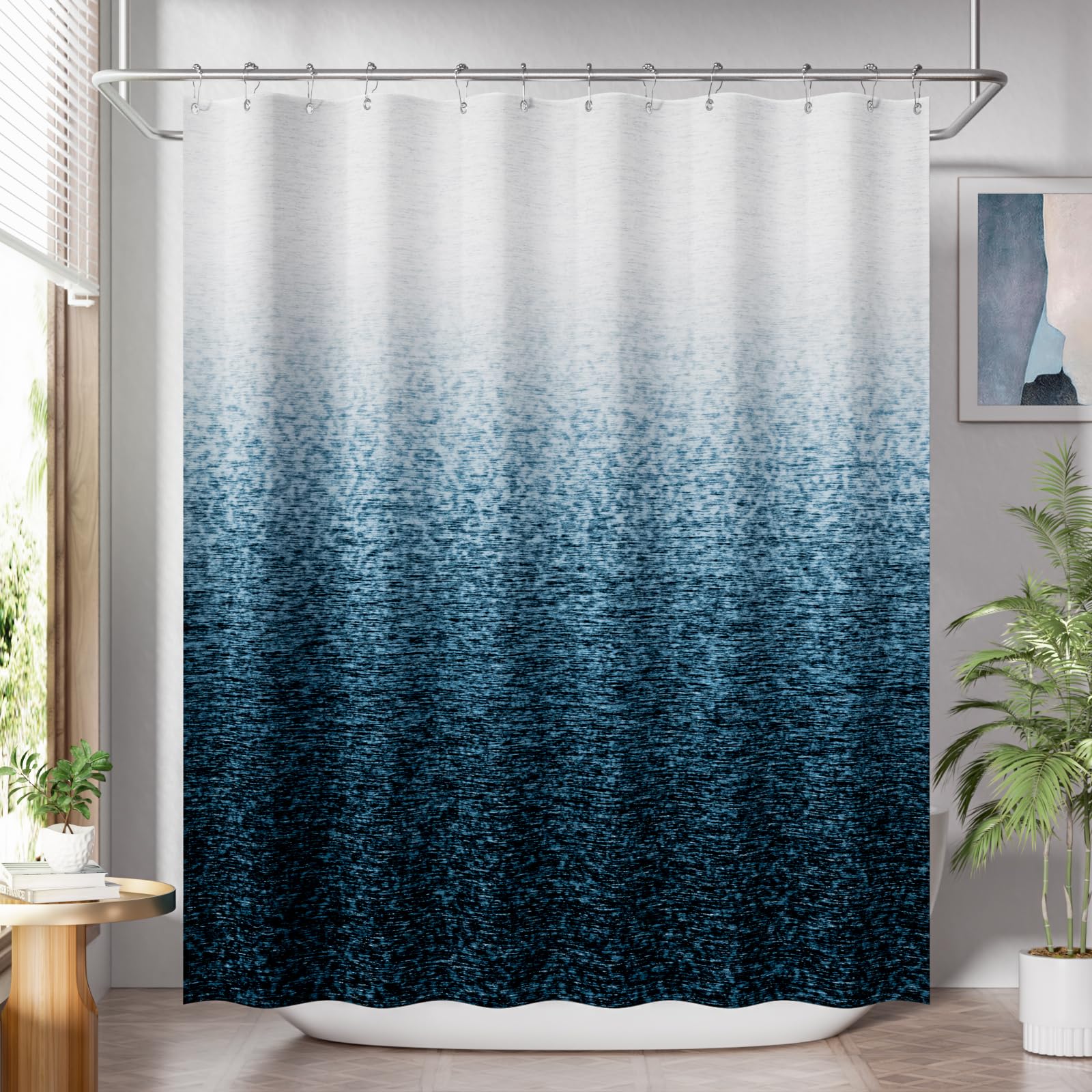 AmazerBath Shower Curtain Blue  Washable Cloth Ombre Shower Curtain Sets with 12 Metal Shower Curtain Hooks  Rustic Waterproof Dark Sea Blue Farmhouse Shower Curtains for Bathroom Decor  72x72 Inches