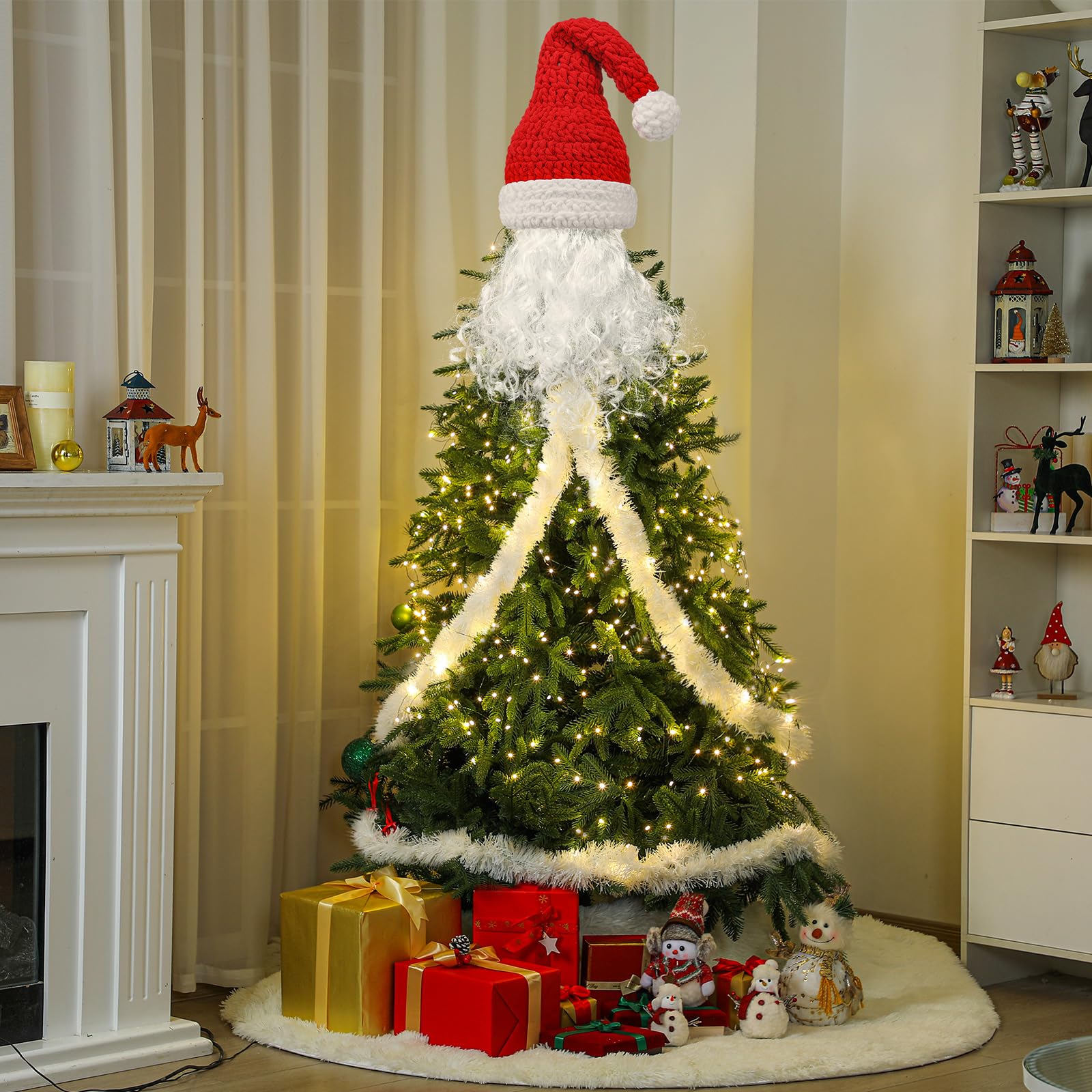 Gejoy 5 Pcs Santa Christmas Tree Christmas Santa Claus Decor Red Crochet Xmas Hat with White Beard and Foil Tinsel Clothes Garla