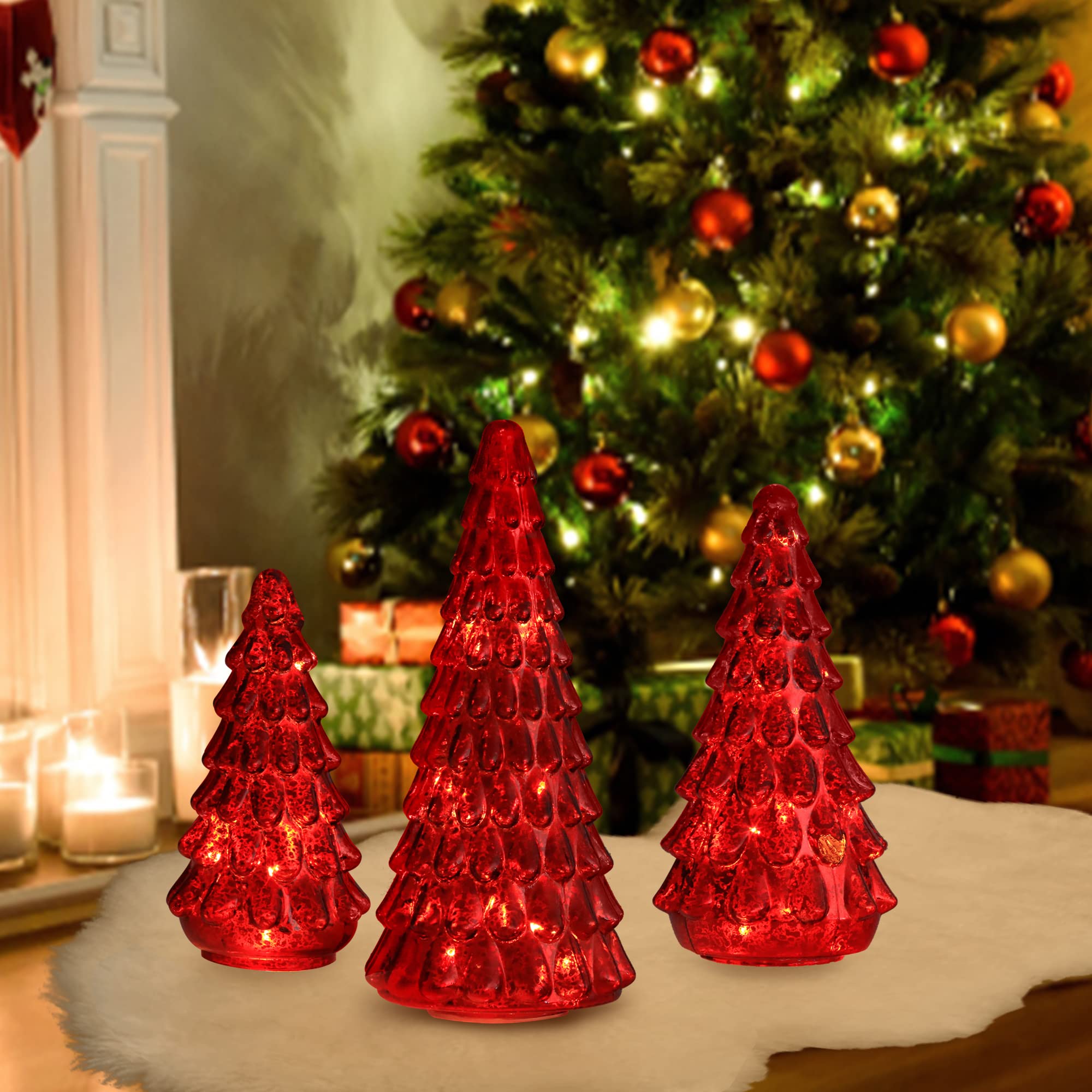 Costyleen 3PCS Christmas Ornaments Tree Set, Tower Shaped Glass Xmas Tree, Mercury Glass Tabletop Christmas Tree Decoration with