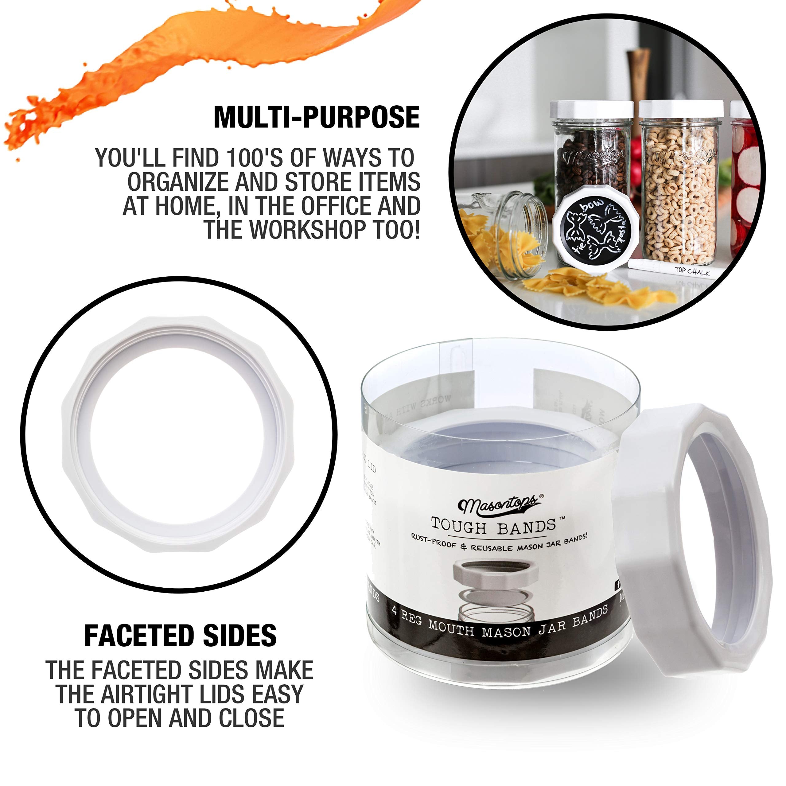 Masontops Tough Band - Regular Mouth Mason Jar Screw Bands - Quality Plastic Replacement Ring Seals & Jar Covers