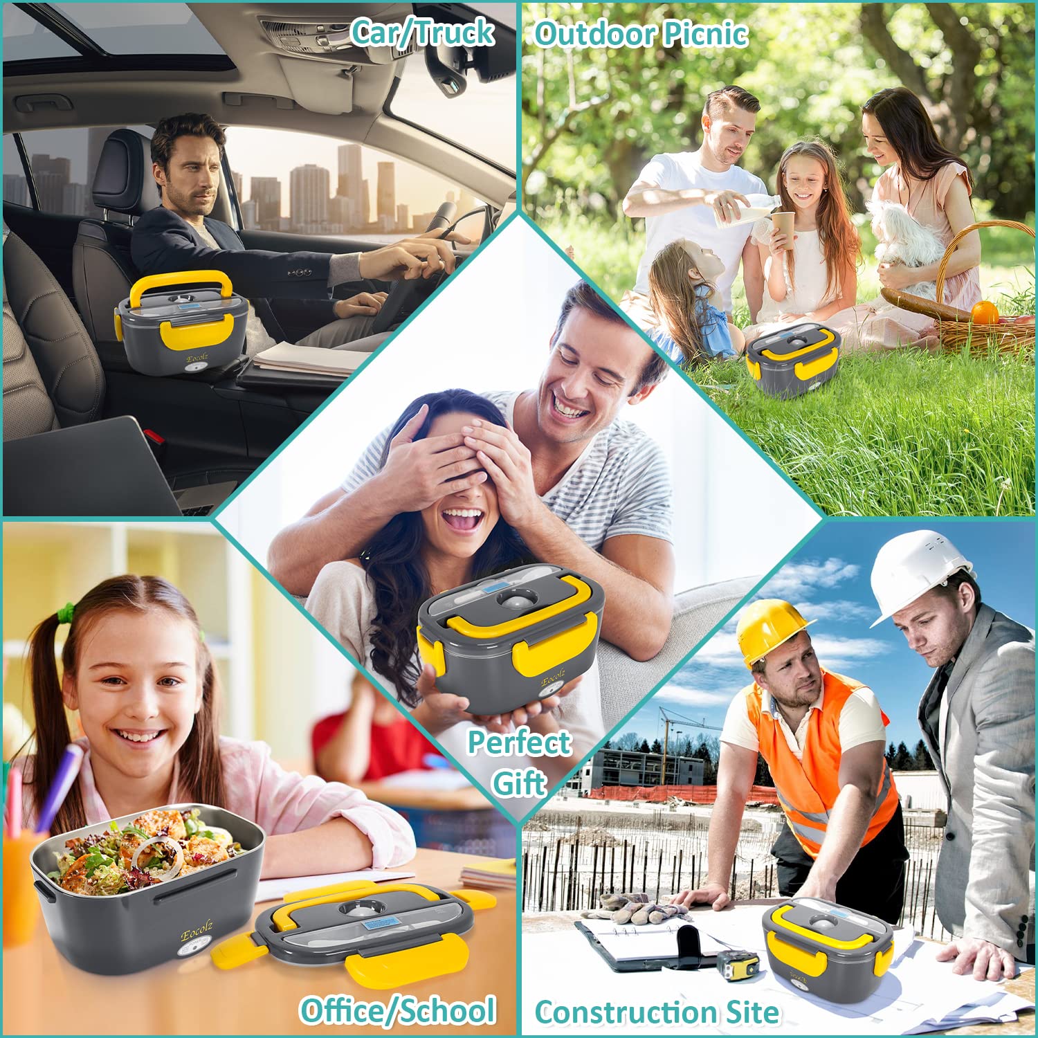 Eocolz Electric Lunch Box Food Heater Warmer 60W, 2 In 1 Portable Lunch Box For Car Truck Home Work Leak Proof With 1.5L Removab