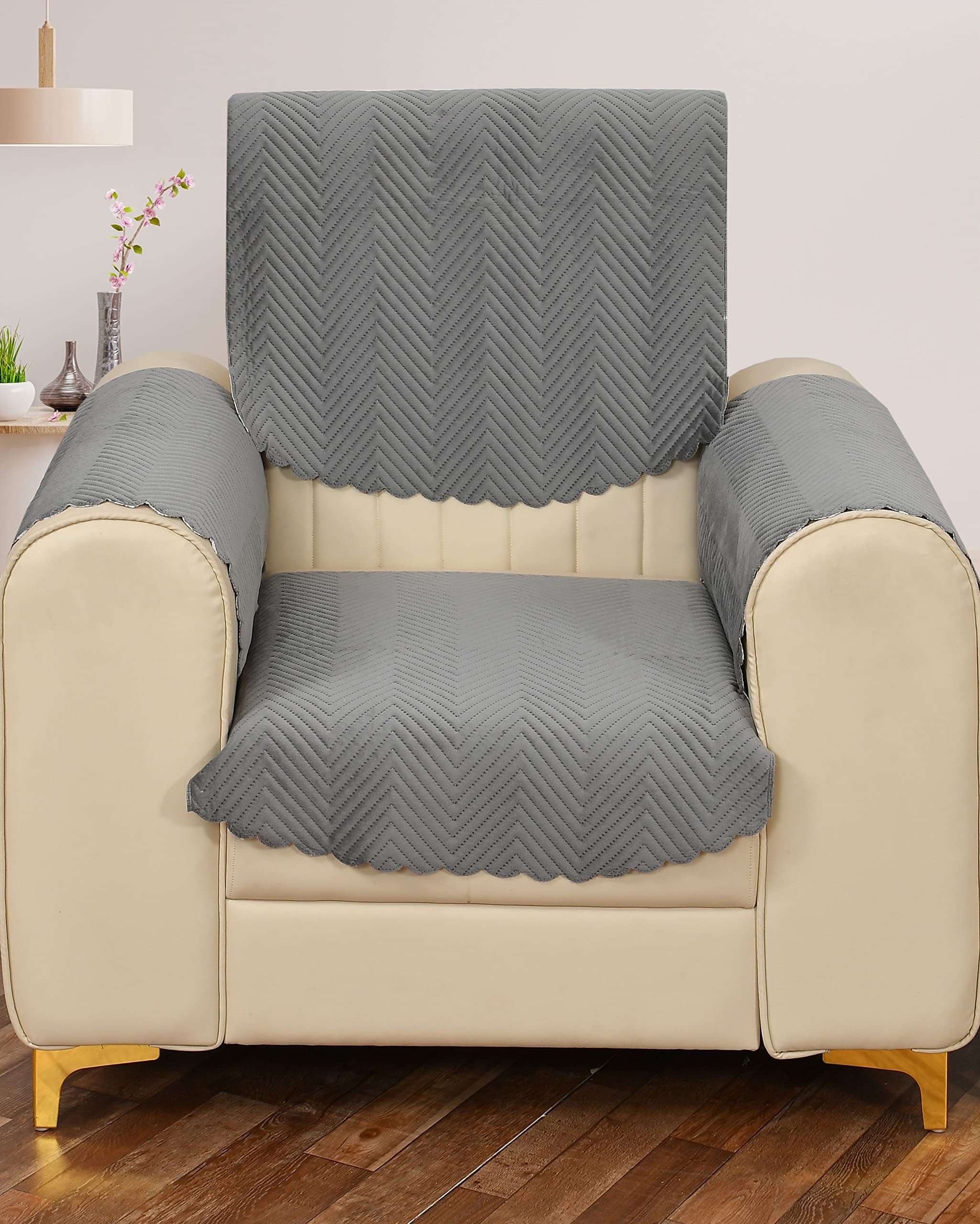 Yellow Weaves 1 Seater Quilted Sofa Chair Cover With Arm Cover, Seat & Back Cover, Color - Dark Grey, Velvet