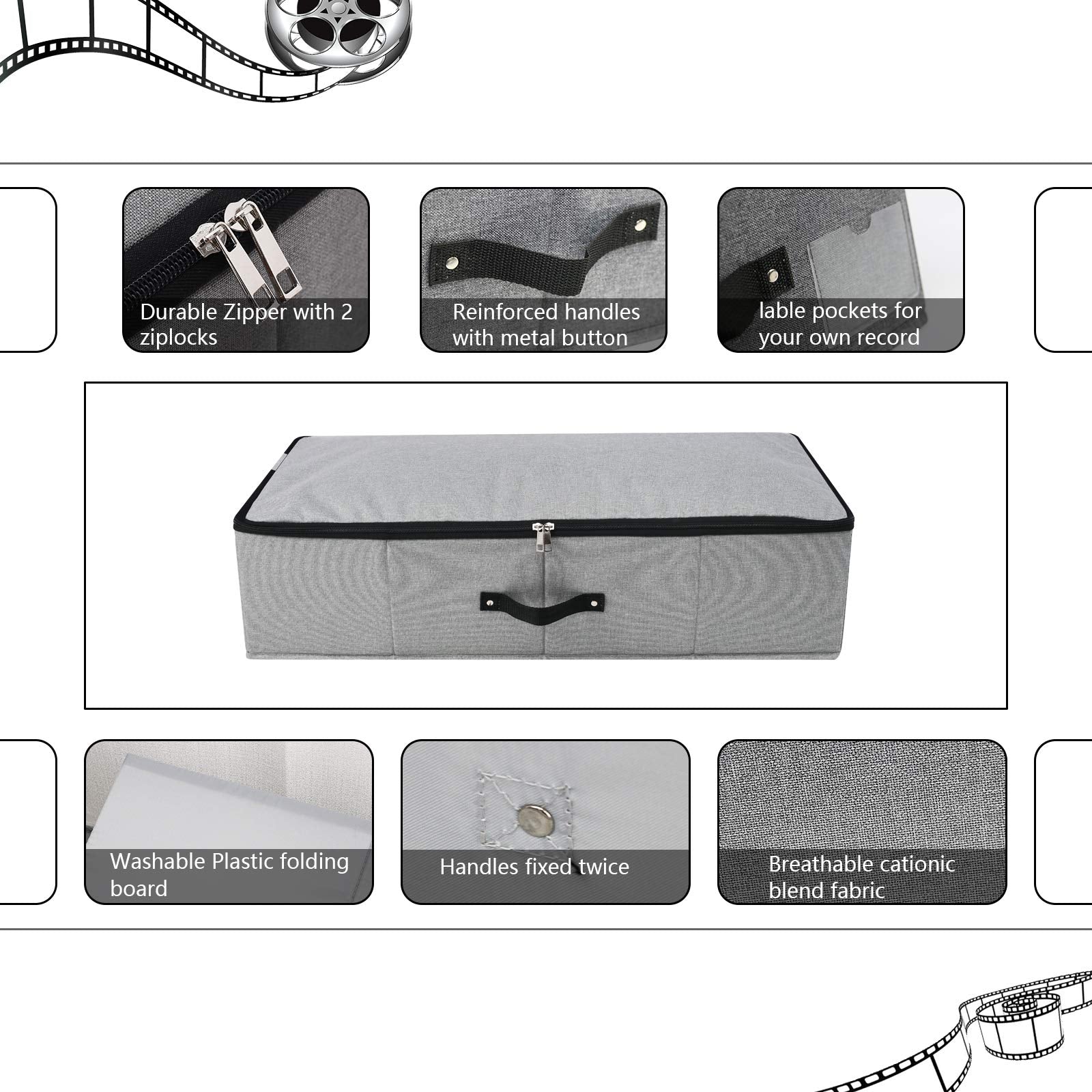 2PCS Foldable Under Bed Storage Container with Plastic Support Liner, Handles, Zipper lid, Sweater Pillow Blankets ClothesStorag