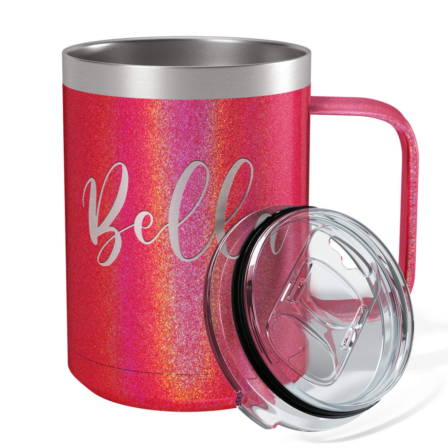 Personalized Coffee Mug Cherry Red Glitter 15 Oz With Lid And Handle Custom Engraved Gift Stainless Steel Vacuum Insulated Cup