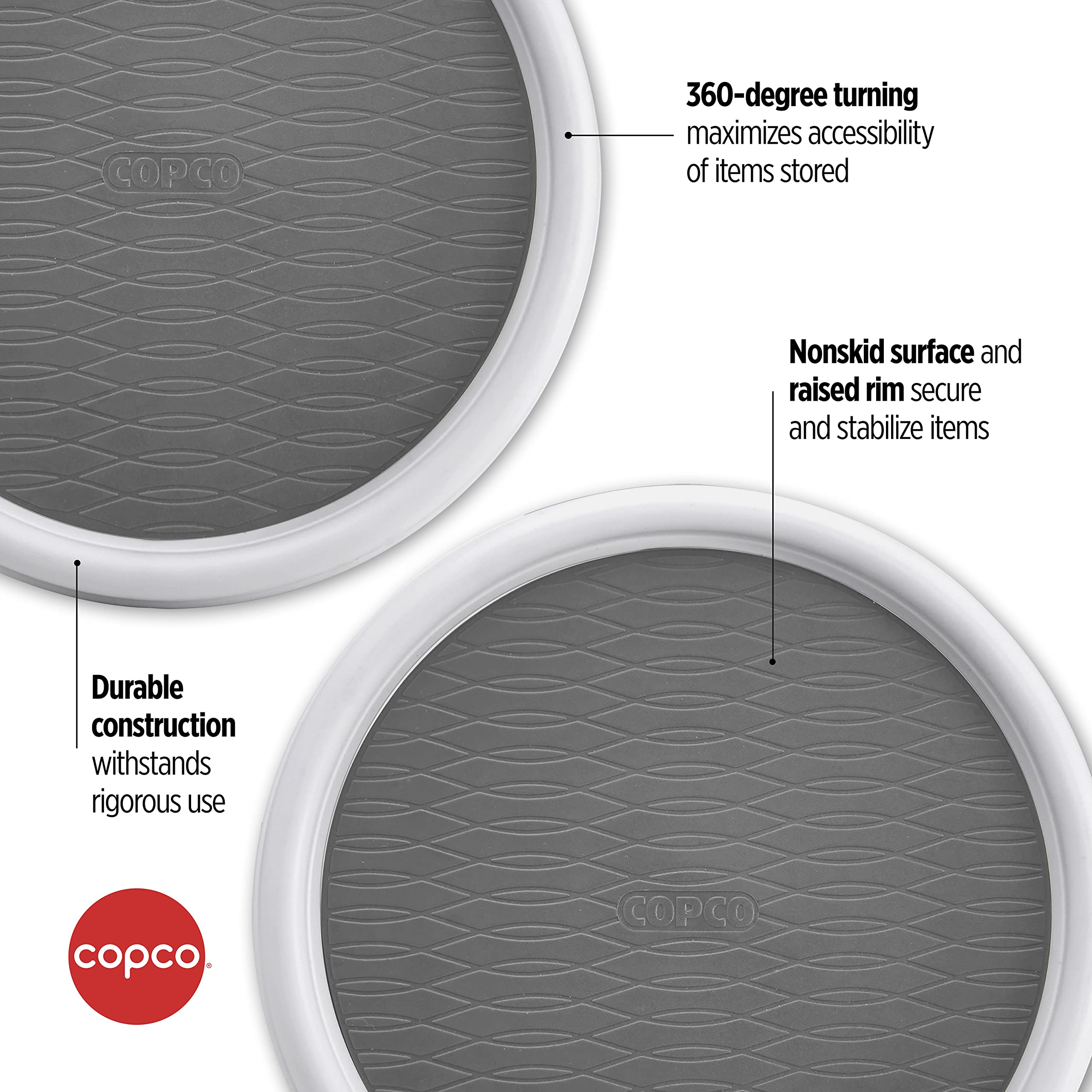 Copco 9 Inch Non Skid Pantry Cabinet Lazy Susan Turntable, Set of 2, Spinning Organizer for Kitchen, Countertop, or Bathroom, Wh