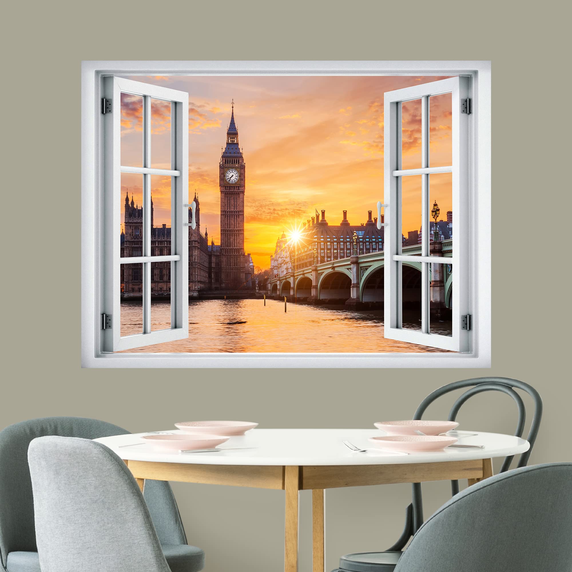 wall26 Removable Wall Sticker/Wall Mural Window View London England Big Ben Bridge at Sunset Nature Wilderness Photography Realism Landscape Multicolor for Living Room  Bedroom  Office - 24''x32''