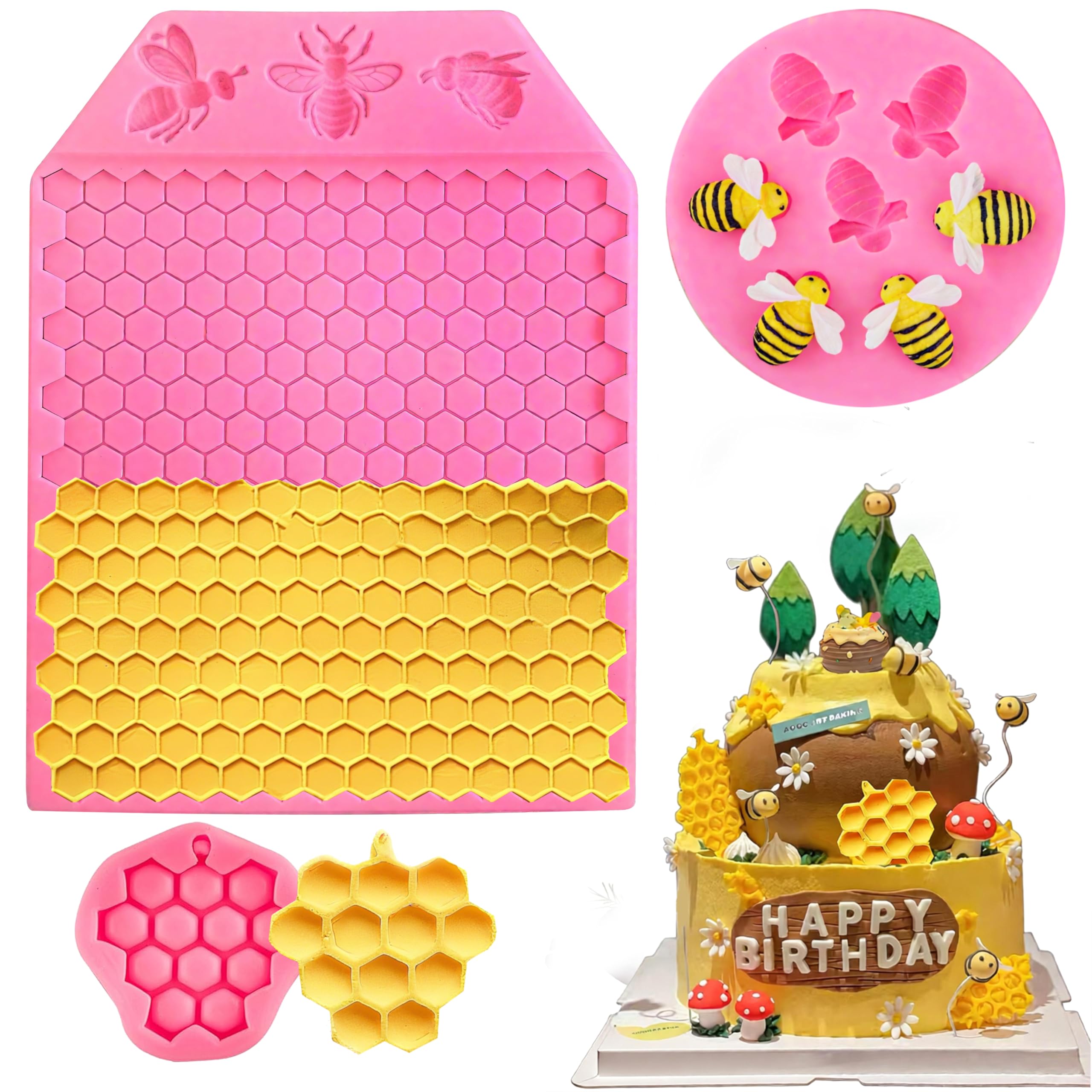 3Pcs Bumble Bee Silicone Mold, Honeycomb and Bee Fondant Molds Kit, Beehive Baking Chocolate Molds for Cupcake Cake Decorating, 