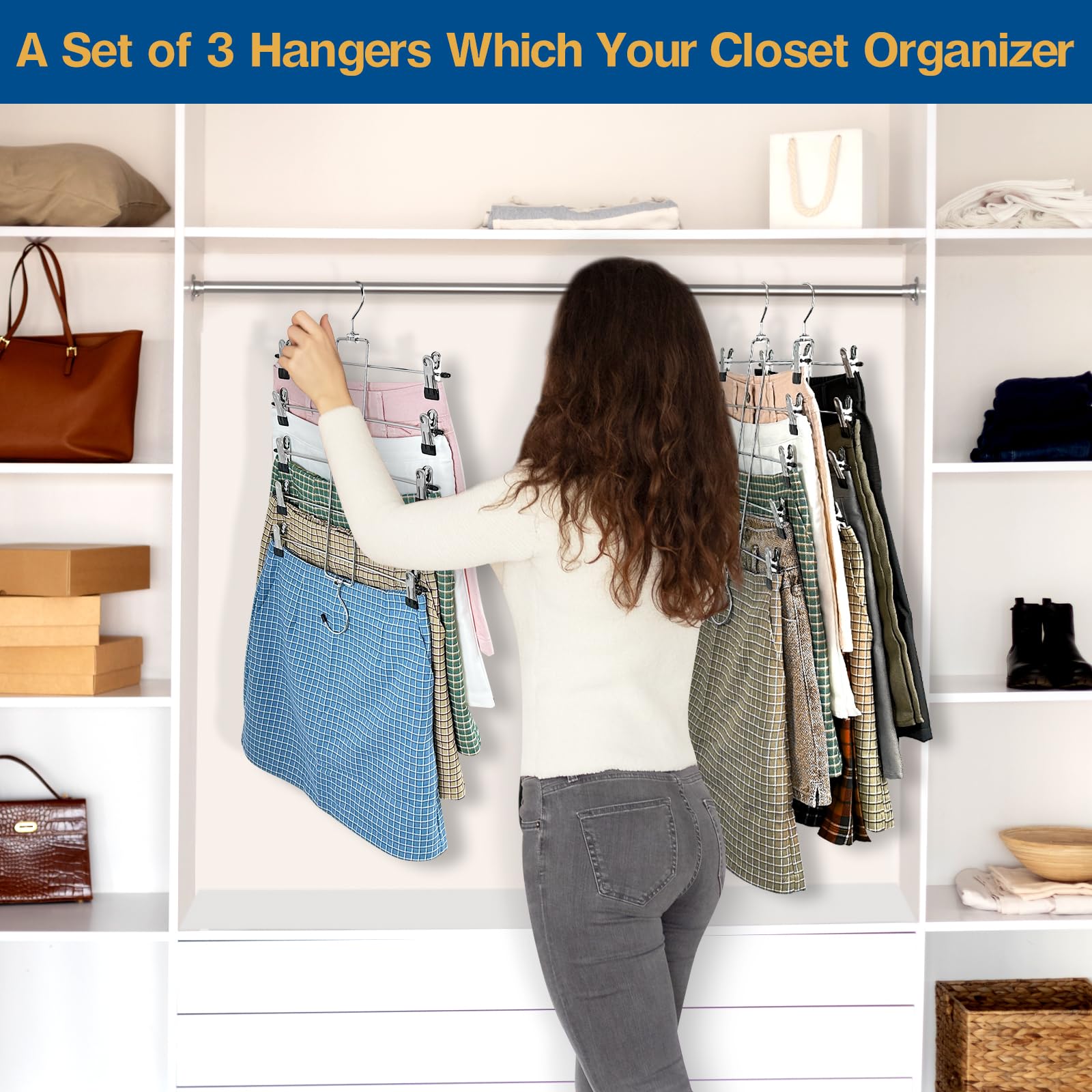 6 Piece Pants Hangers Space Saving,Skirt Hanges With Clips 5 Tier,Closet Organizers And Storage Magic Hangers,Clothes Hangers Sp