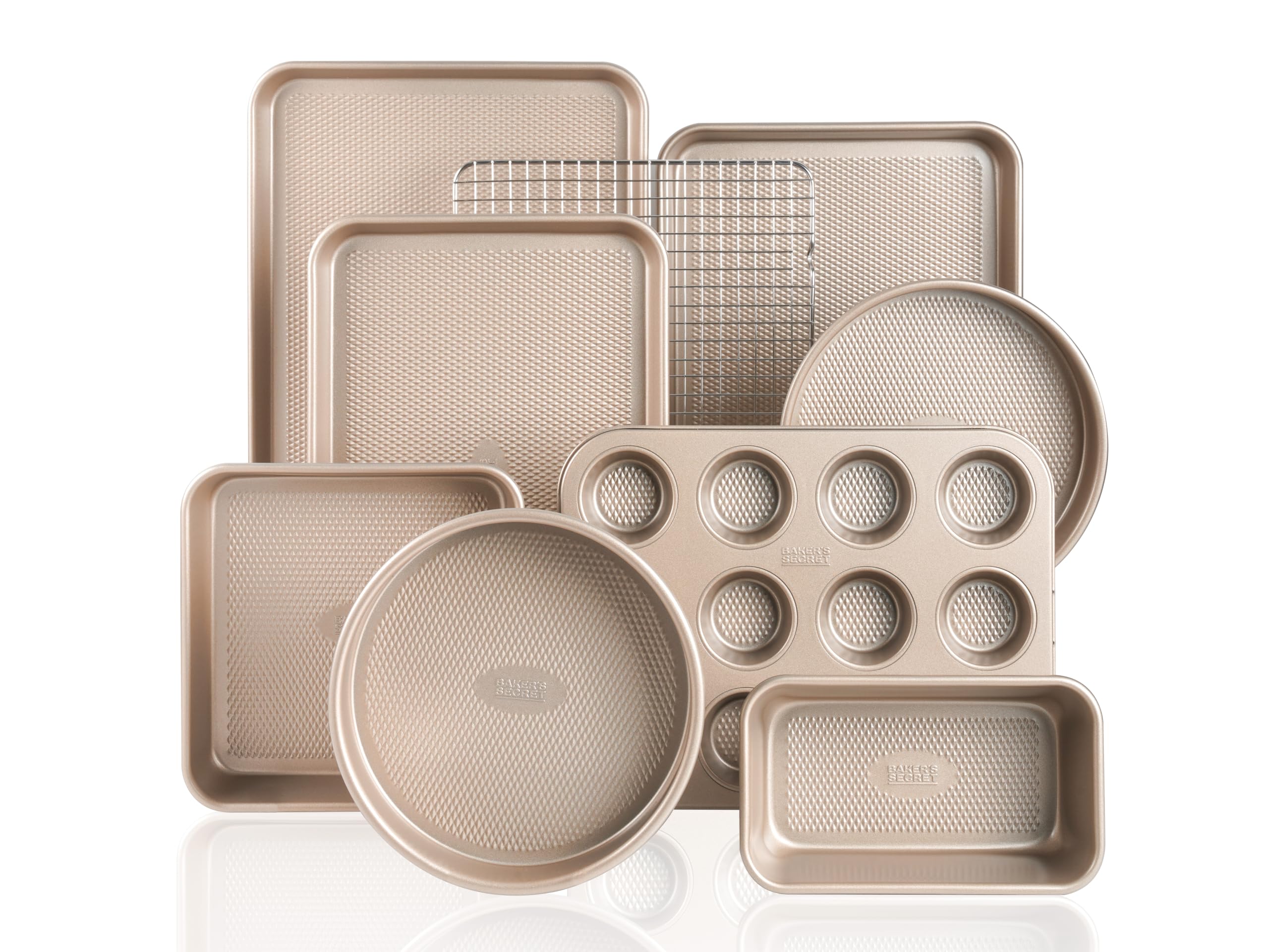 9Piece Baking Pans Set Nonstick, Stackable Non Toxic Bakeware Sets with Diamond Texture, Oven Pan Set for Cooking, Includes Coo