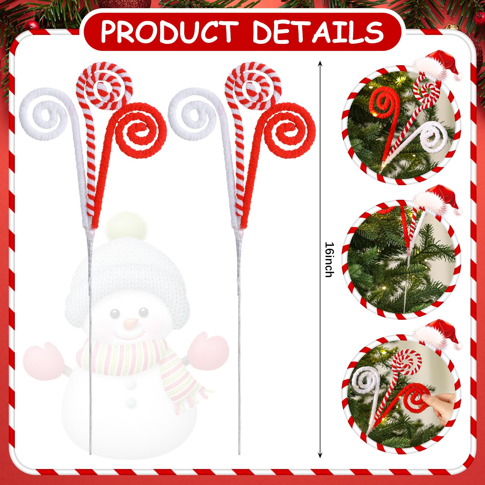 Gerrii 16 Red White Christmas Tree Pick Decor Candy Cane Xmas Ornament Peppermint Curly Pick Spray Lollipop Stem Large Tree Topp
