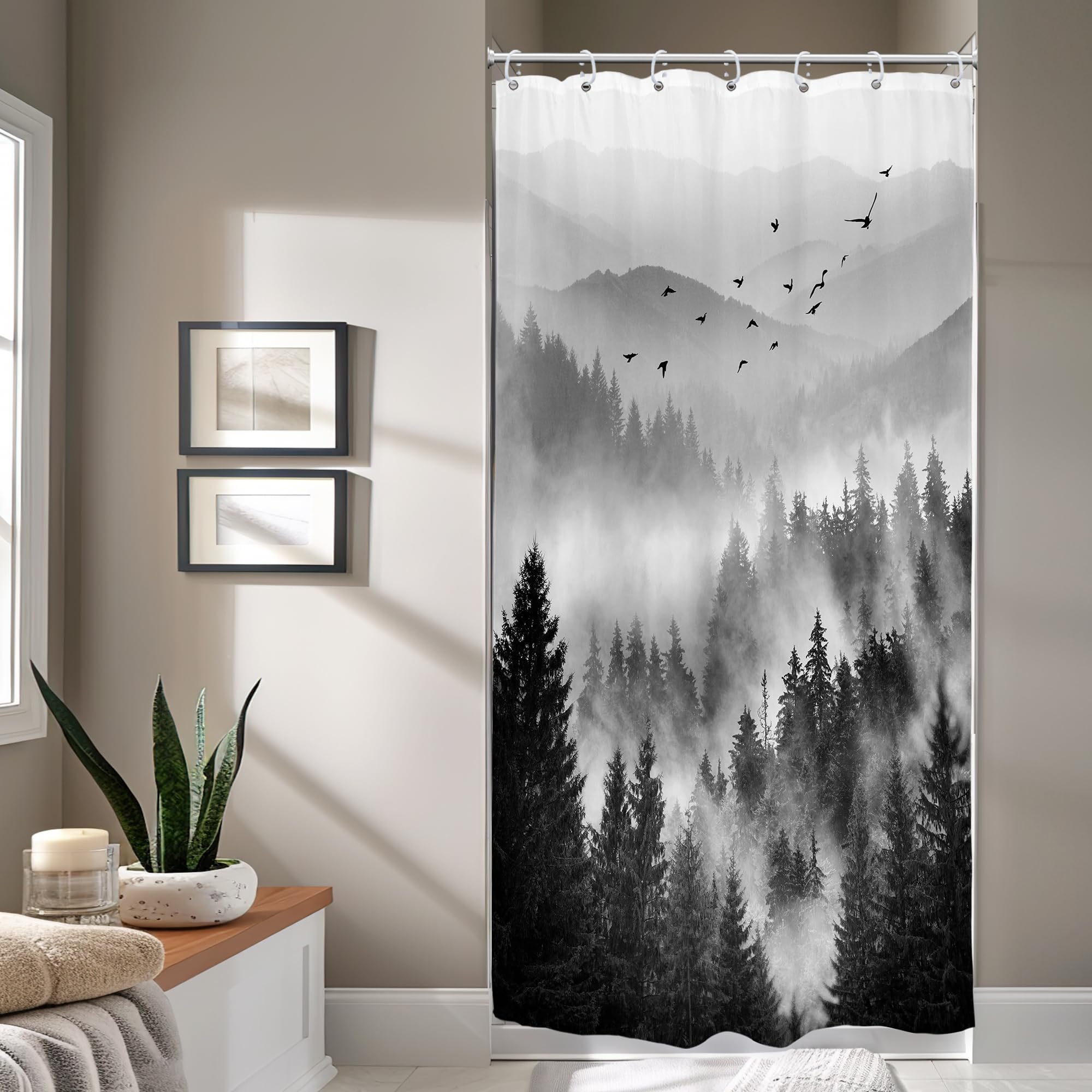 Riyidecor Stall Half Small Rv Shower Curtain 36Wx72H Inch Black And White Mountain Single Stand Up Camper Camp Narrow Scenery Ru