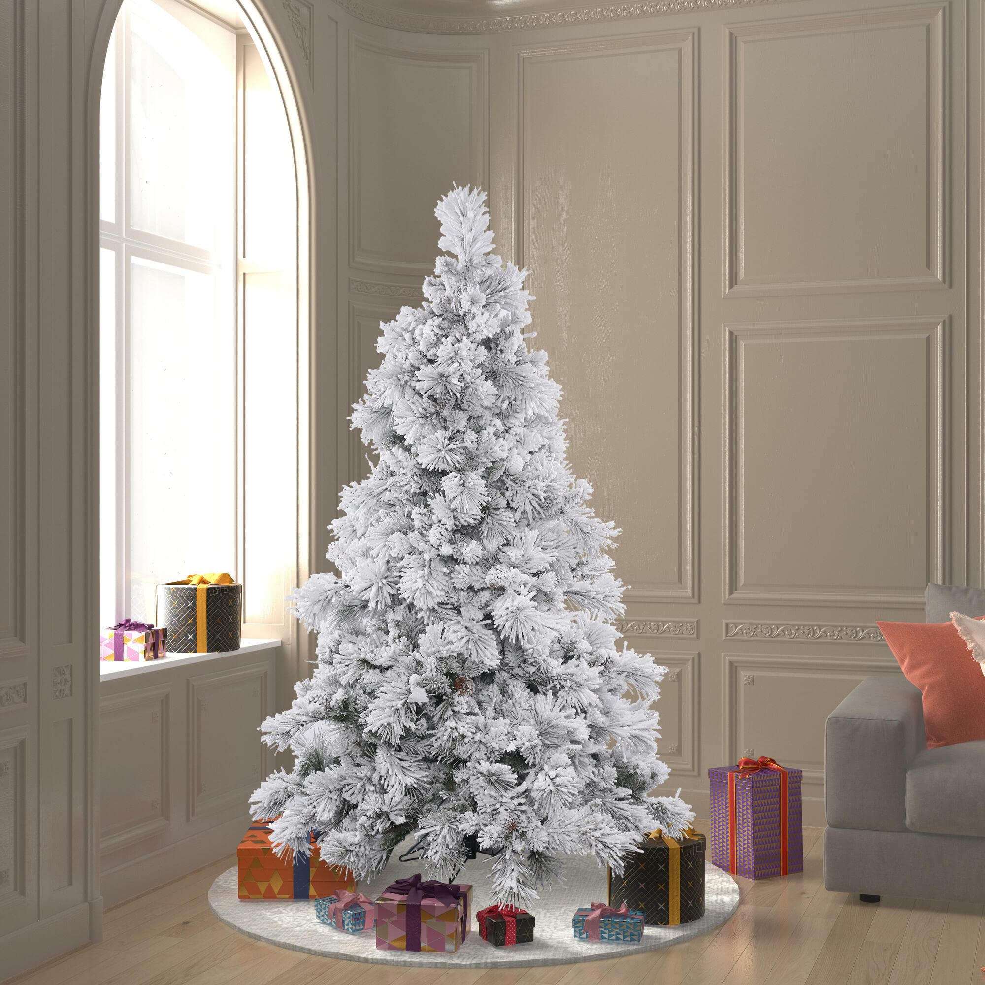 Vickerman 6.5' Unlit Flocked Alberta Artificial Christmas Tree - Comes with Artificial Pinecones - Snow Covered Faux Tree - Seas