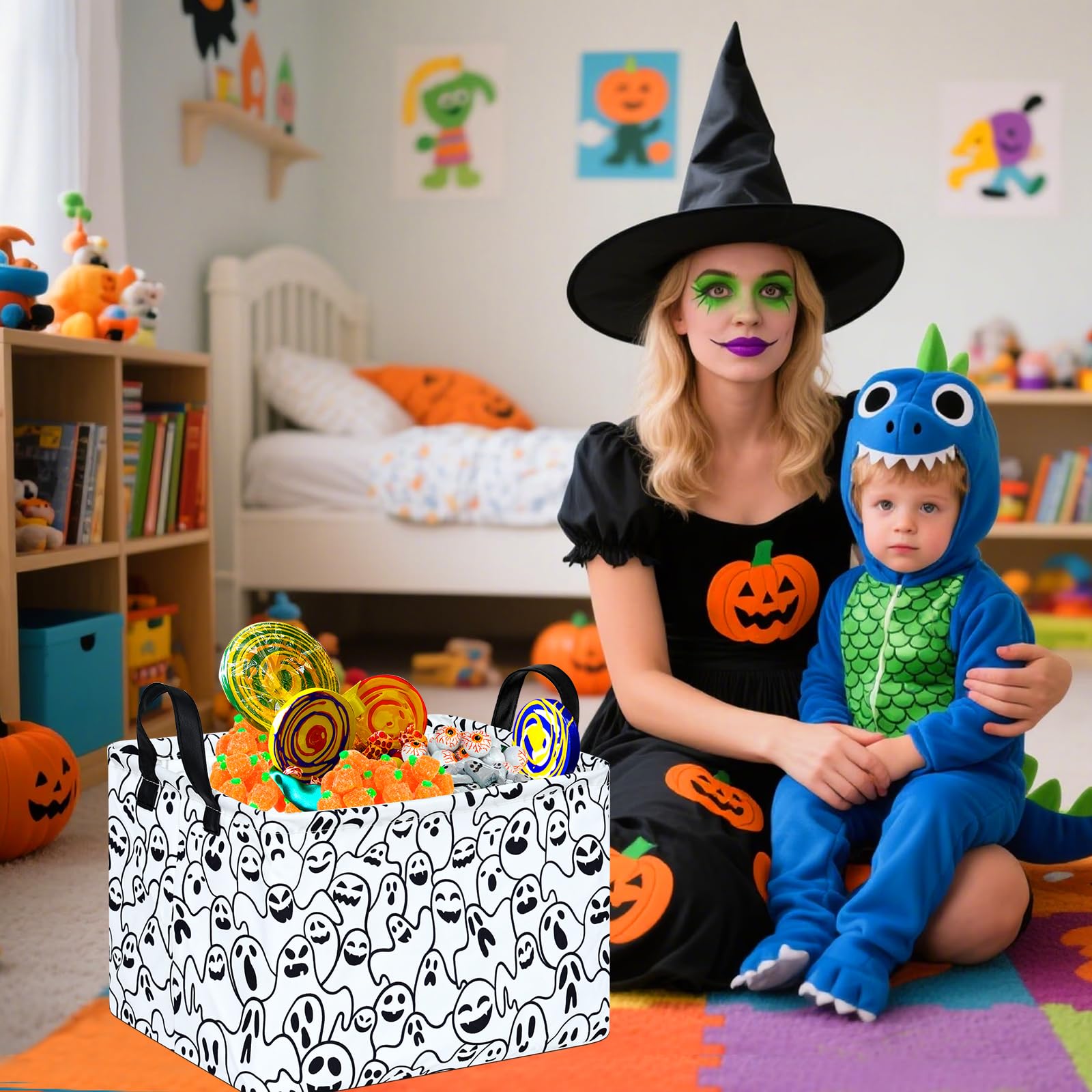 Maizmz Halloween Storage Basket Pumpkin Ghost Gift Basket For Kids Foldable Toy Box Waterproof Organizer Bin Laundry Nursery Ham
