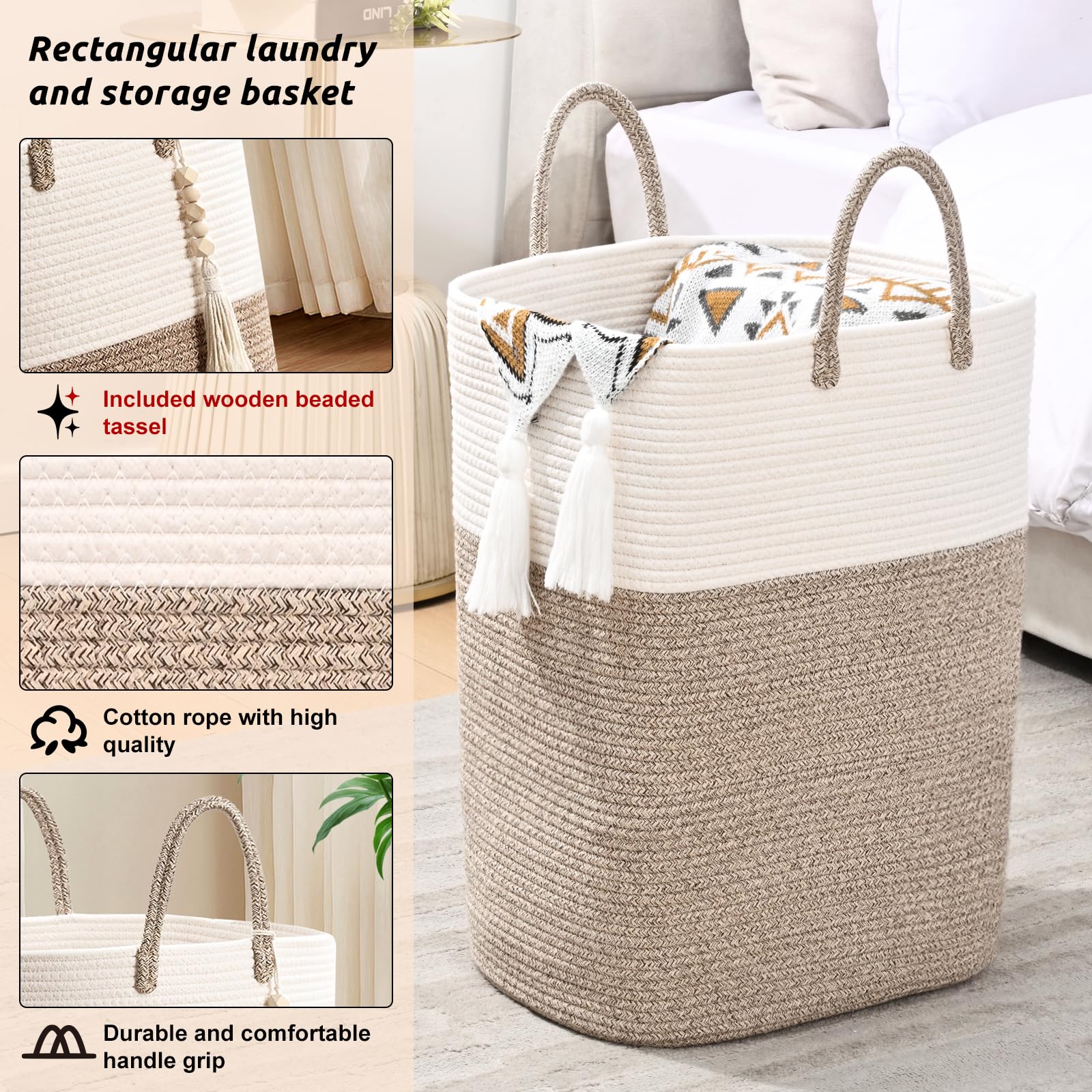 Woven Laundry Basket For Clothes, 65L Large Rectangle Laundry Hampers With Beads Tassel, Nursery Storage Basket For Toys, Tall D