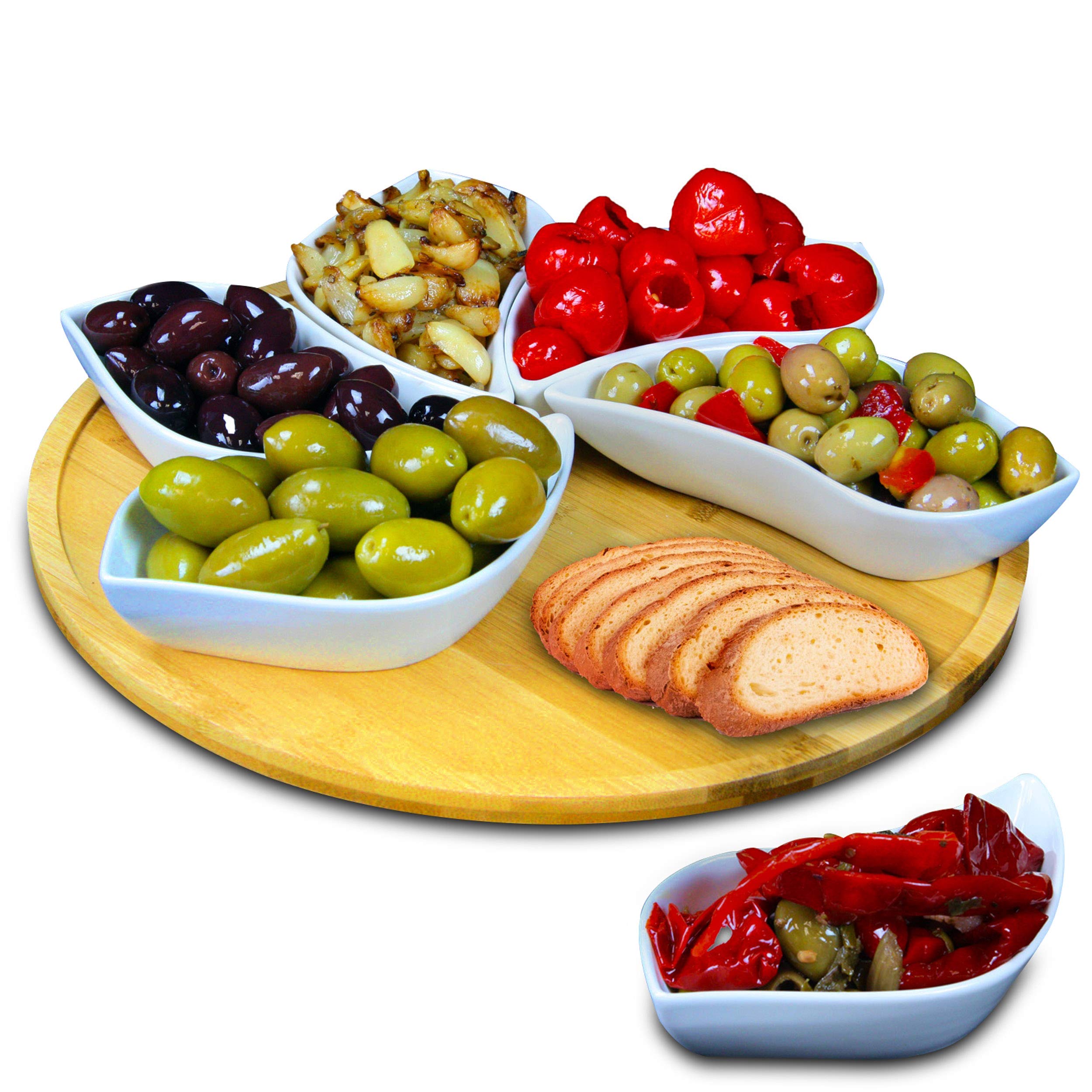 Elama Ceramic Stoneware Condiment Appetizer Set, 7 Piece, Wavy Round In White And Natural Bamboo