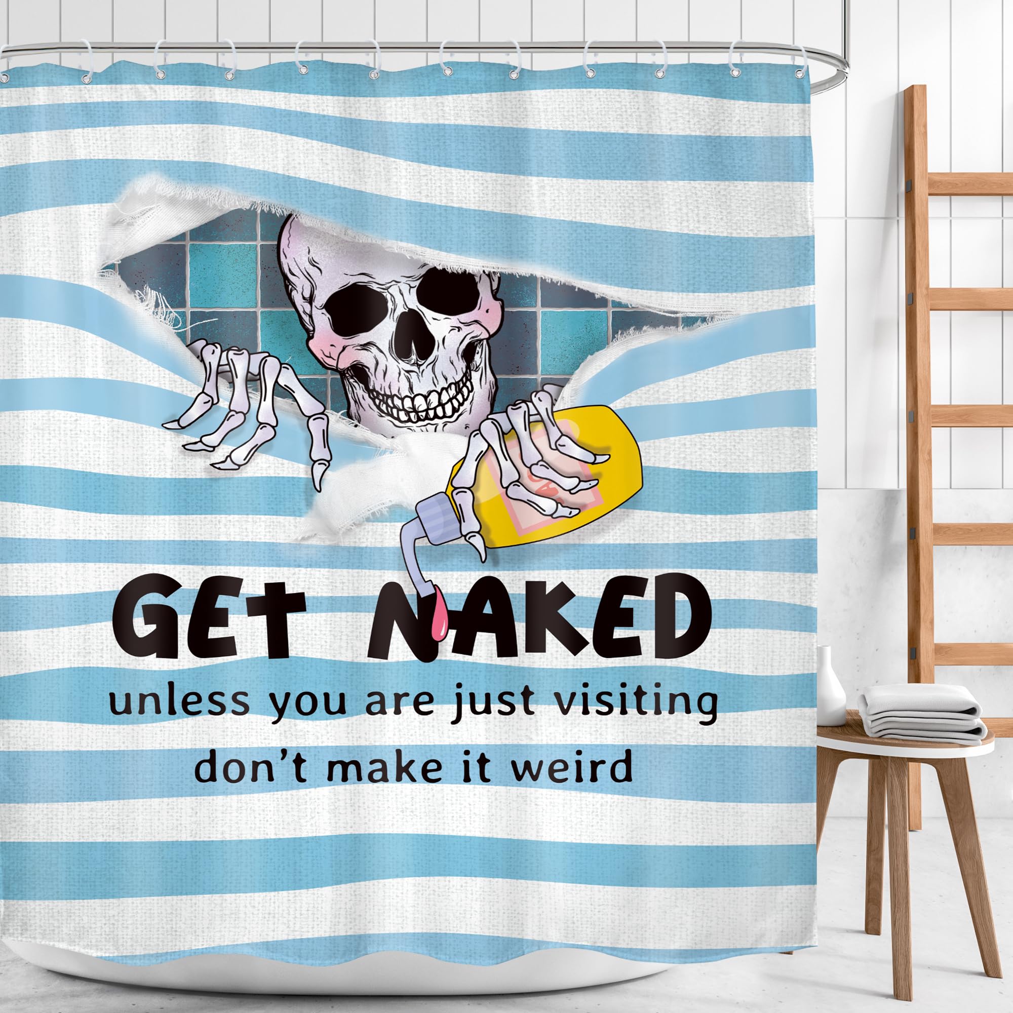 Mitpok Funny Skull Skeleton Shower Curtain Gothic Cool Get Naked Spooky Fun Bone Unique Hilarious Blue Scary Horror Men Kids 60W