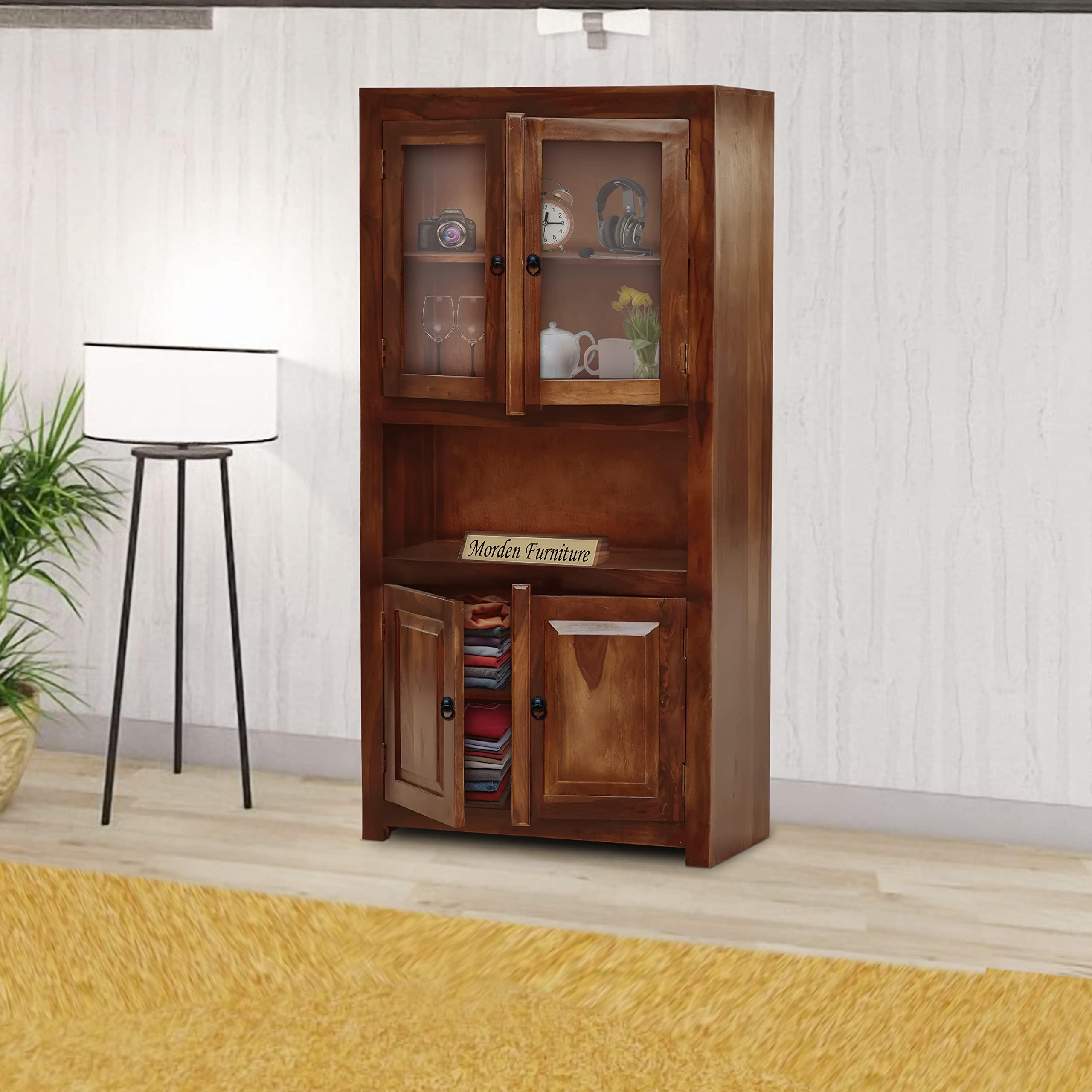 Modern Furniture Sheesham Wood Crockery Cabinet With Glass Door | Wooden Book Shelf Cabinet With Storage Rack For Home & Office 