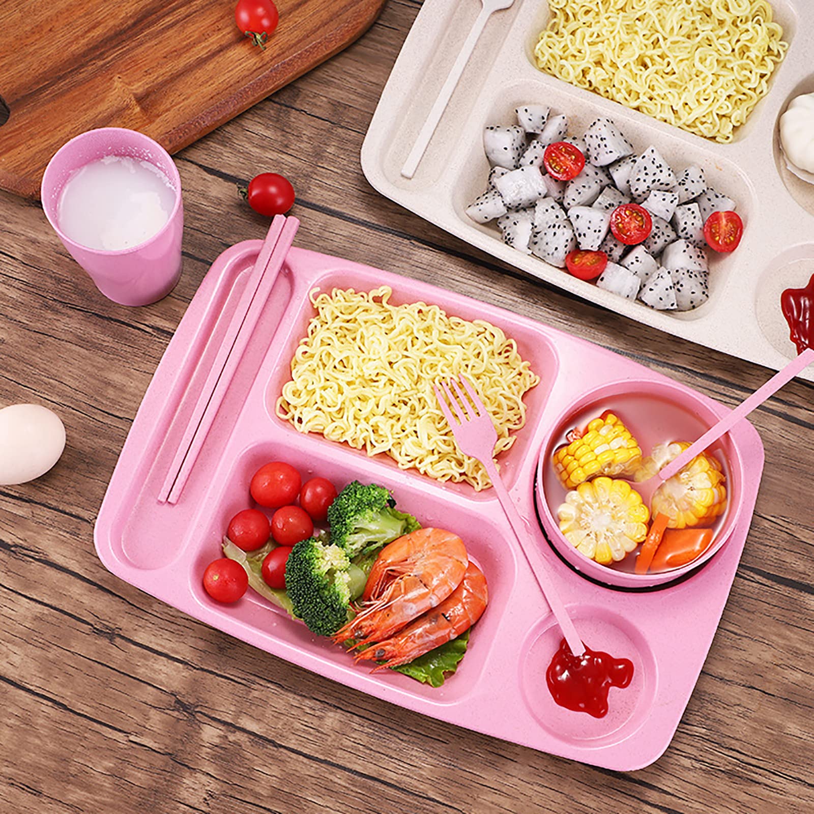 Wuweot 8 Pack Divided Food Plates, 13.5'' Wheat Straw Tray, 5-Compartment Unbreakable Fast Food Tray, Microwave Dishwasher Safe,