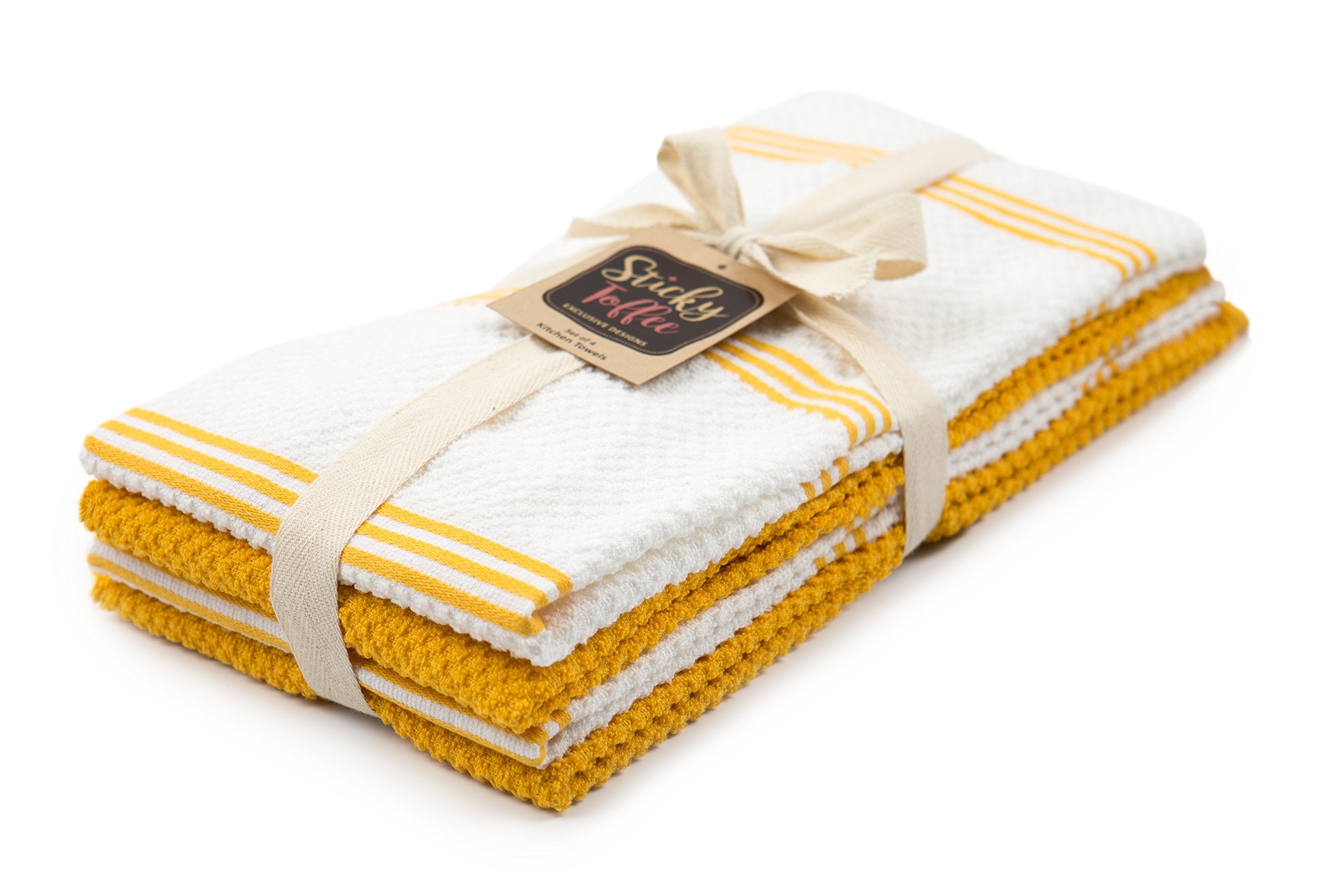 Kitchen Towels Dish Towels 100% Cotton, Set Of 4, Yellow And White Hand Towels, Tea Towels, Reusable And Absorbent Cleaning Clot
