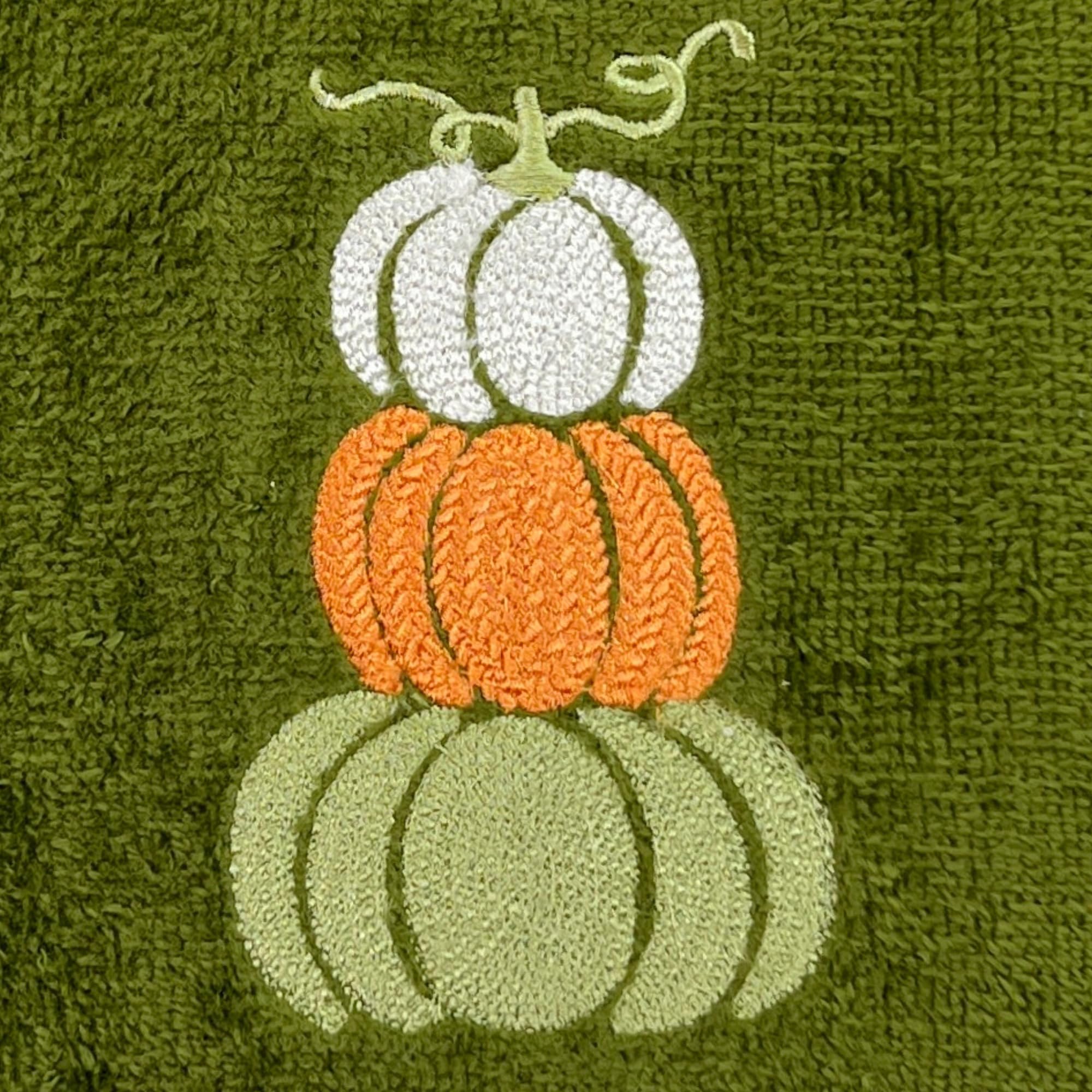 Serafina Home Autumn Fall Bath Fingertip Towels, Forest Olive Dark Green, 100% Cotton, Embroidered Stacked Pumpkin Design, 2 Pie