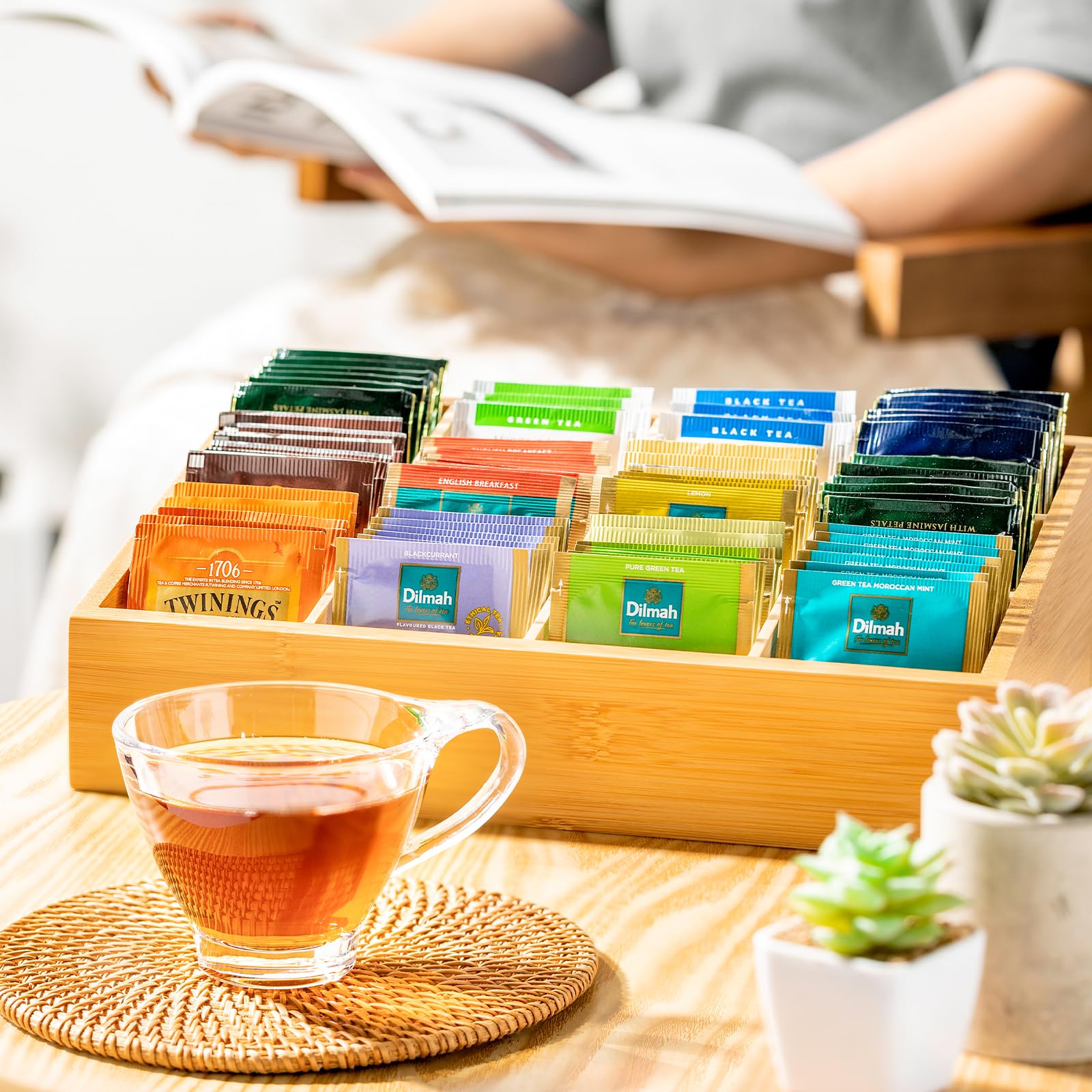 Timieeya Tea Bag Organizer - Bamboo Tea Storage Organizer With 12 Compartments, 1 Layer Tea Organizer For Tea Bags Natural Bambo
