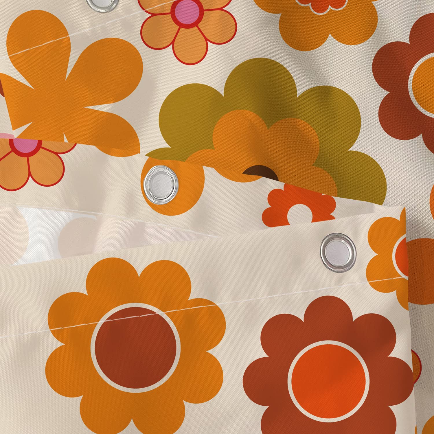 Retro Flowers Shower Curtain, Groovy Brown Orange Sun Flower Vintage 70S Fabric Shower Curtains Set For Bathroom Funky Hippie 19