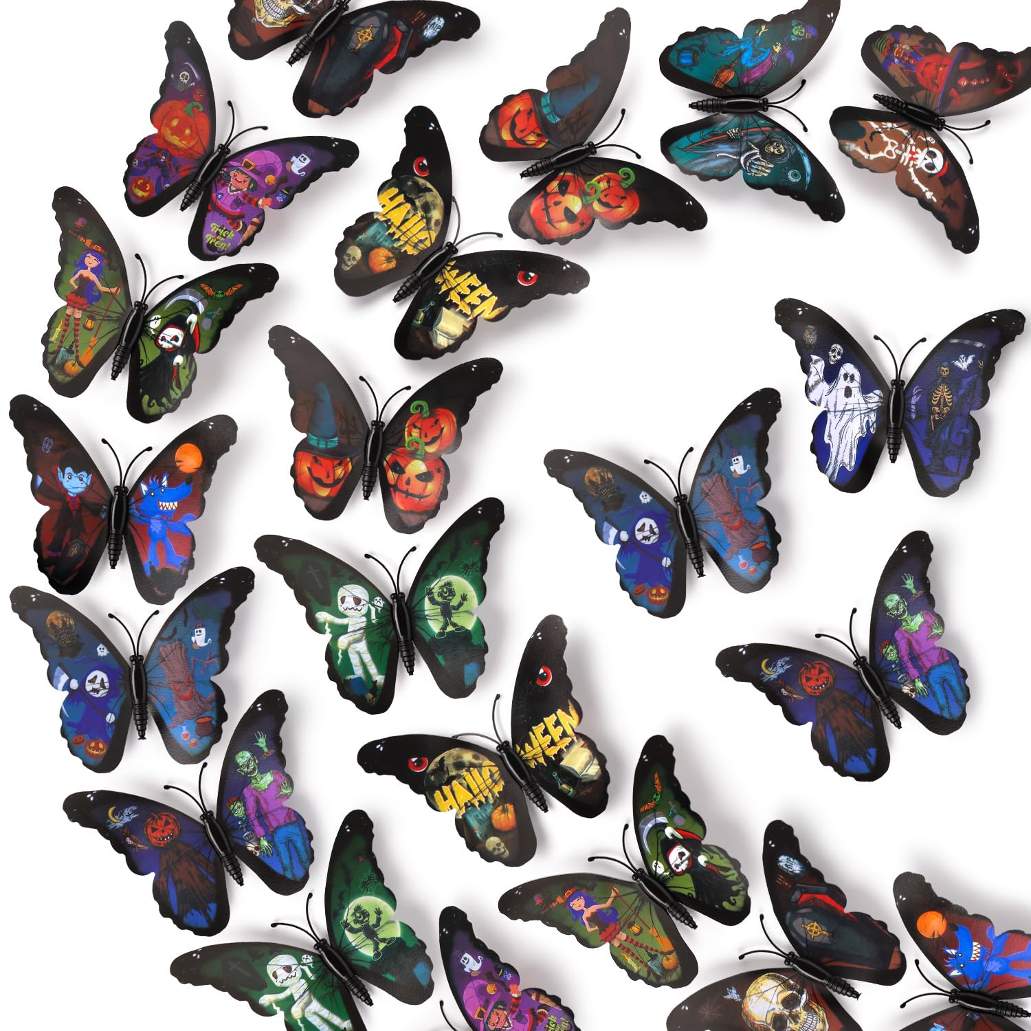 Livegallery 72 Pcs 6 Colors Removable 3D Diy Beautiful Butterfly Wall Decals Colorful Scary Pumpkin Spooky Witch Butterflies Art