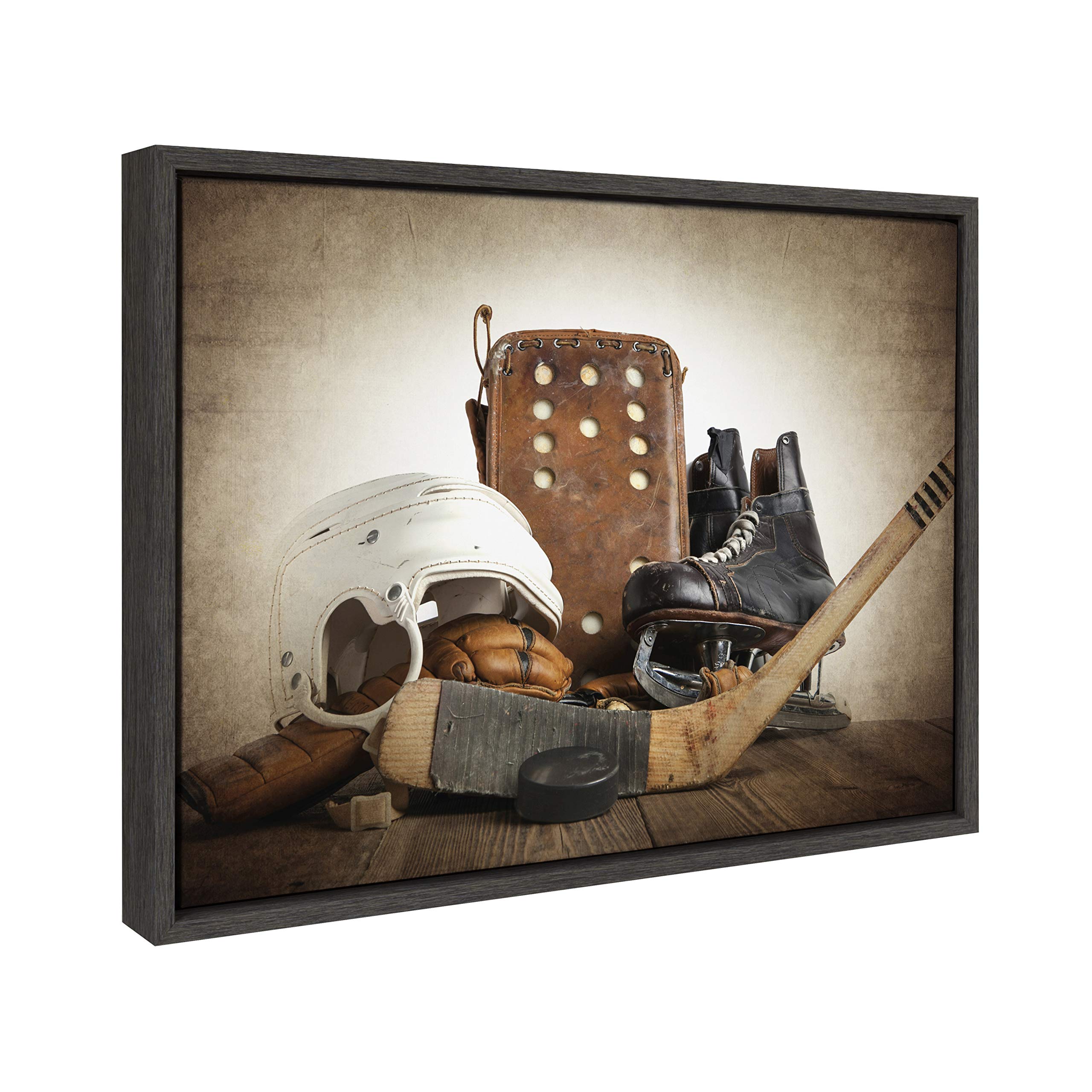 Designovation Sylvie Vintage Hockey Gear Sport Print Framed Canvas Wall Art By Shawn St. Peter, 18X24 Dark Grey, Traditional Cla